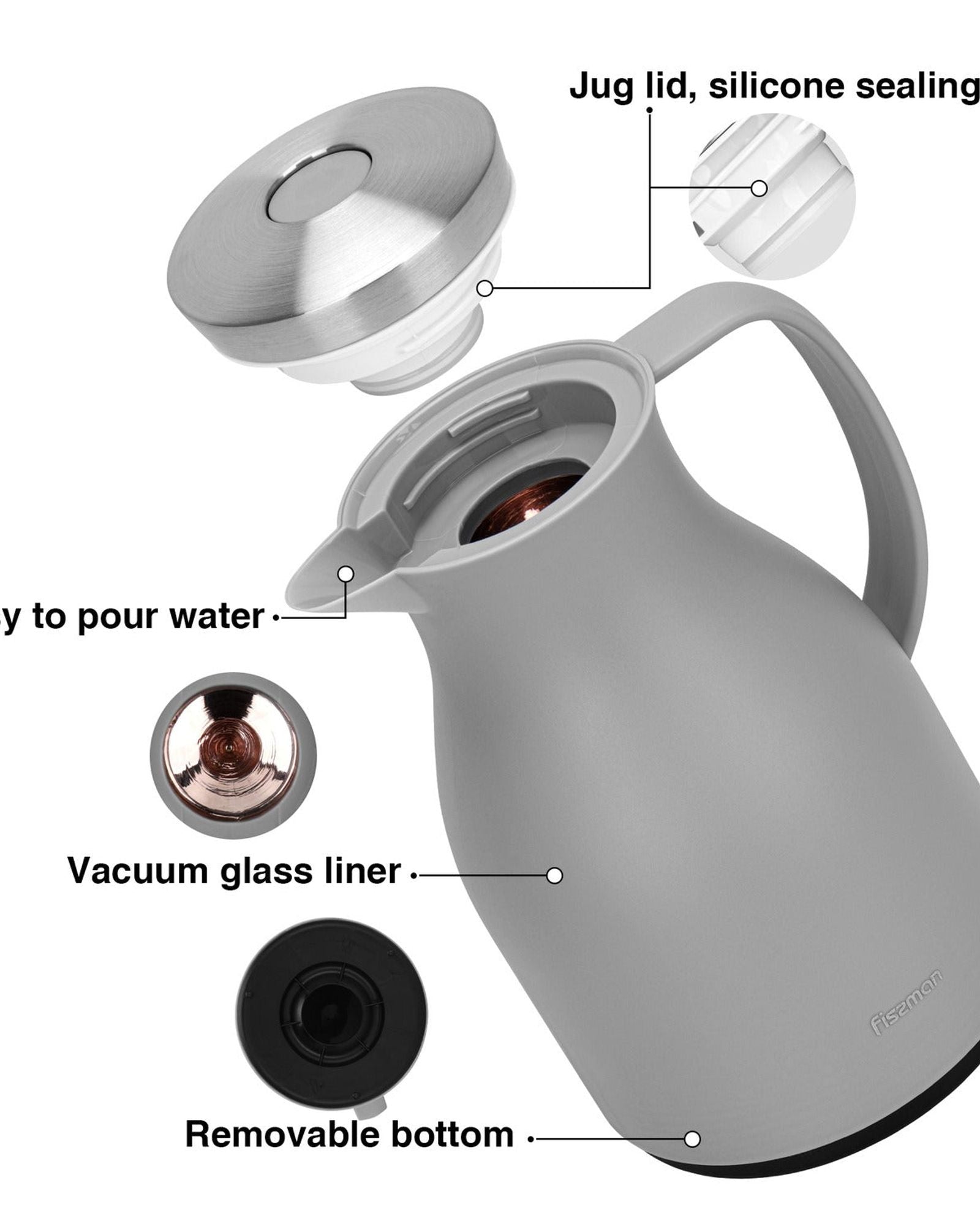 قارورة فيسمان المعزولة بالفراغ، سعة 1000 مل، رمادية اللون، مع بطانة زجاجية وردية اللون