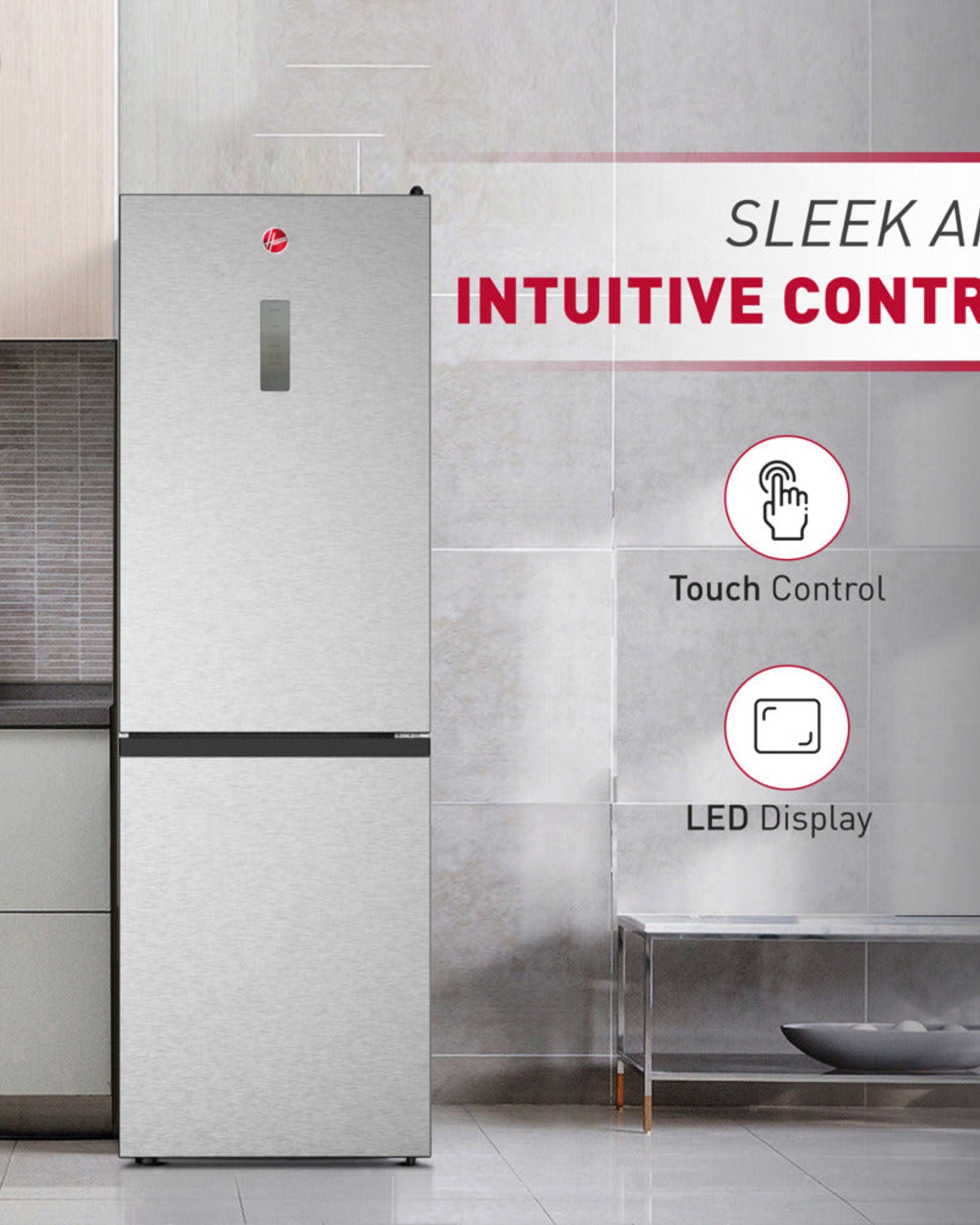 ثلاجة هوفر ٣٩٠ لترًا بقاعدة سفلية مع شاشة LED، خاصية منع التجمد، تحكم إلكتروني، منظم حرارة قابل للتعديل، ٣ أرفف زجاجية، ٢ درج للخضراوات، ٣ أرفف للفريزر، ضمان لمدة عام - ستانلس ستيل - HBR-H390-S