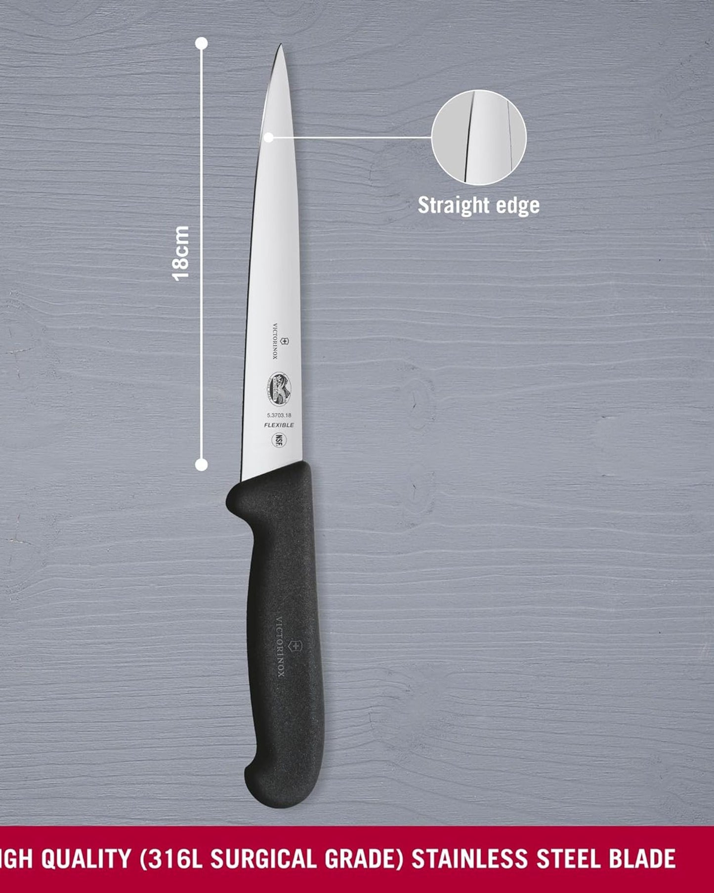 سكين فيكتورينوكس فايبروكس لتقطيع اللحوم بطول 18 سم، رأس مدبب مرن مستقيم، أسود - 5.3703.18