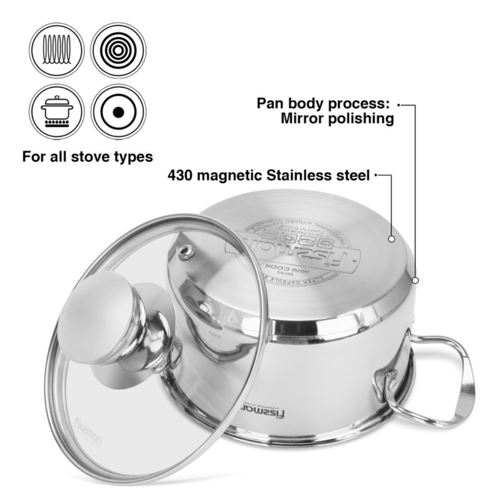 قدر طهي فيسمان بغطاء زجاجي 14 سم/0.9 لتر من الفولاذ المقاوم للصدأ