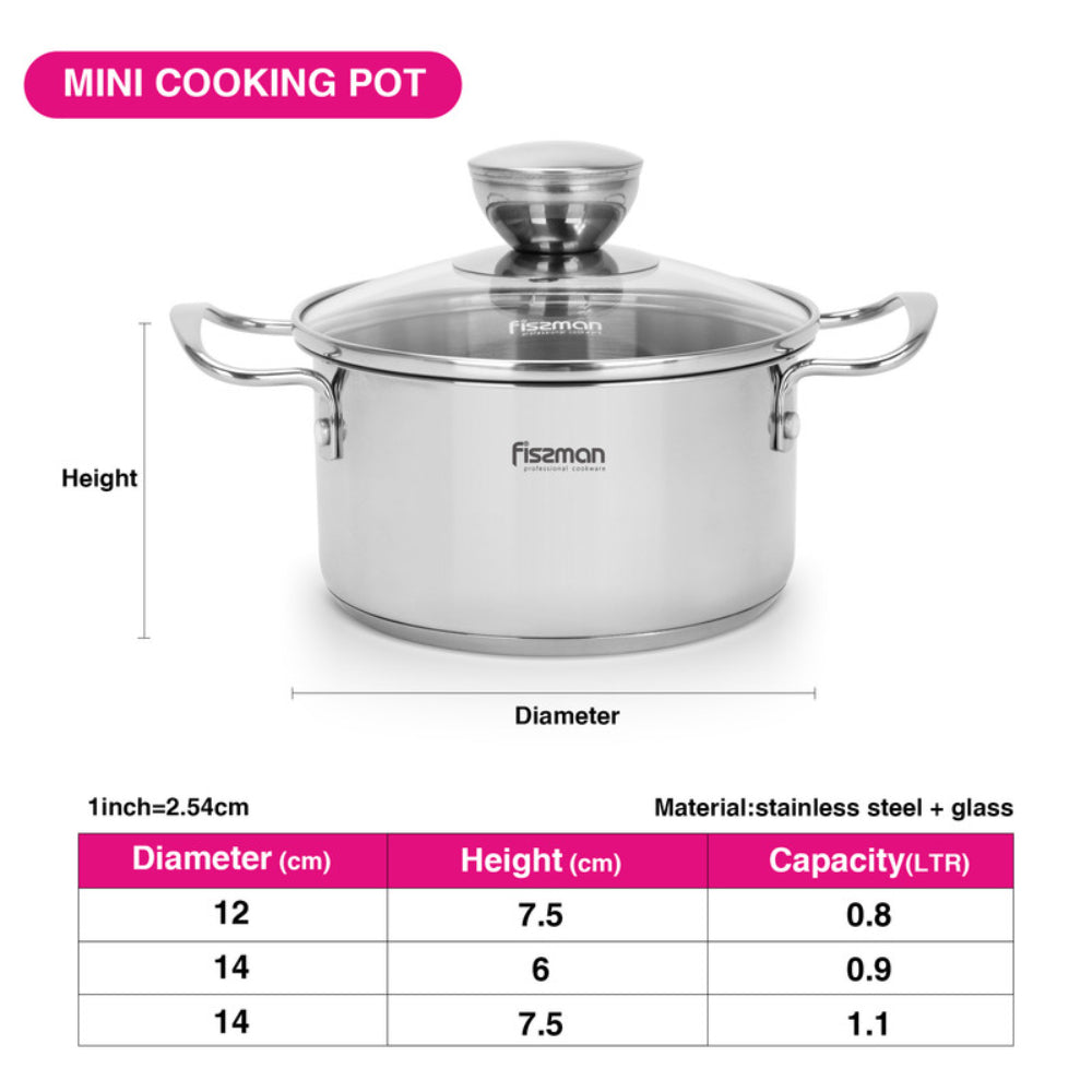 قدر طهي فيسمان بغطاء زجاجي 14 سم/0.9 لتر من الفولاذ المقاوم للصدأ