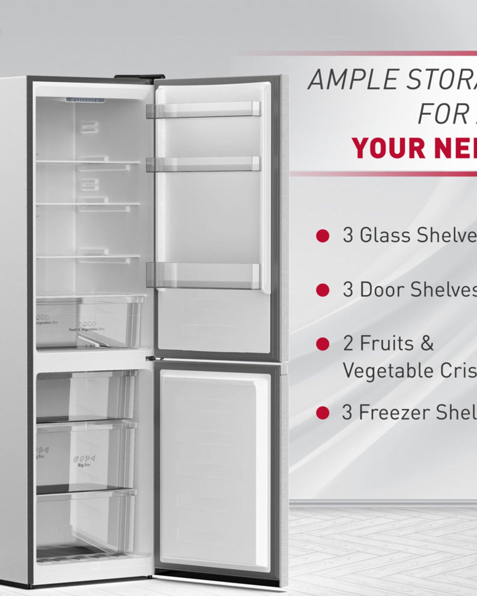 ثلاجة هوفر ٣٩٠ لترًا بقاعدة سفلية مع شاشة LED، خاصية منع التجمد، تحكم إلكتروني، منظم حرارة قابل للتعديل، ٣ أرفف زجاجية، ٢ درج للخضراوات، ٣ أرفف للفريزر، ضمان لمدة عام - ستانلس ستيل - HBR-H390-S