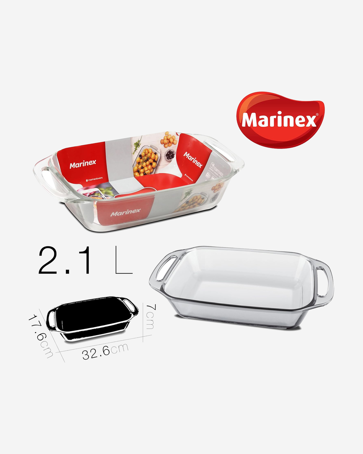 Marinex Rectangular Glass Roaster with Handles, Heat-Resistant, Oven-Safe, 2.1L