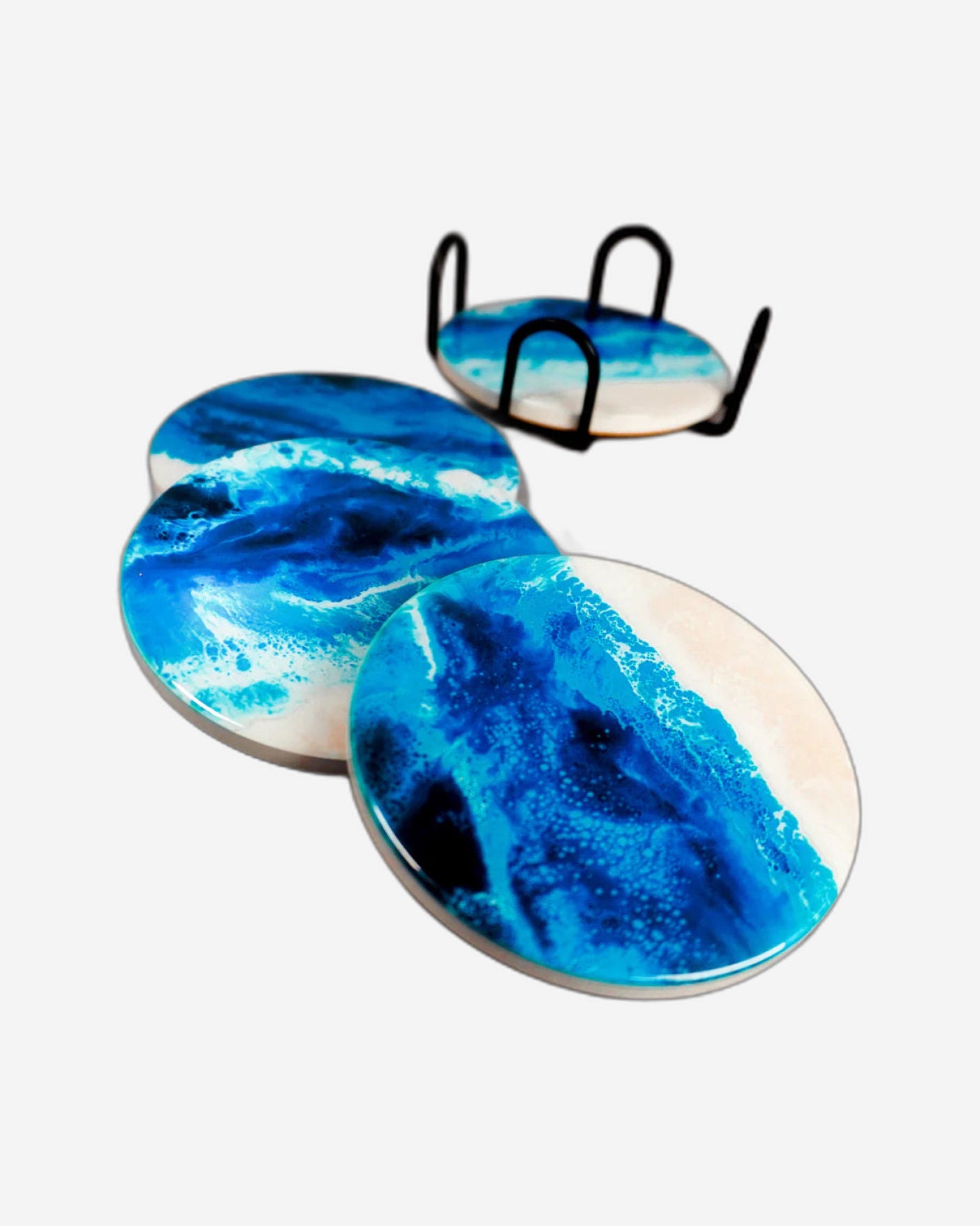 طقم أكواب سيراميك مطبوع من لين وليانا، مكون من 4 قطع مع حامل - أزرق