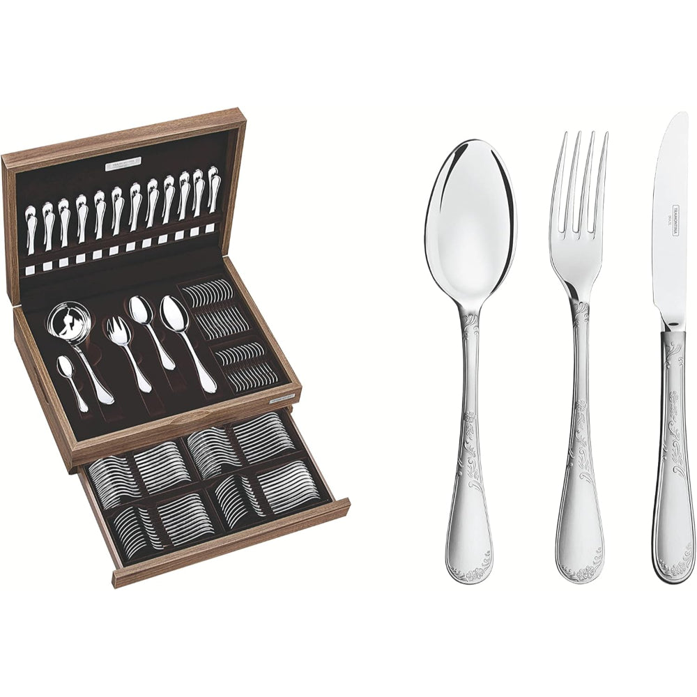 طقم أدوات مائدة ترامونتينا برازيل ريناسنكا من 101 قطعة من الفولاذ المقاوم للصدأ بلمسة نهائية لامعة وغير لامعة مع علبة خشبية
