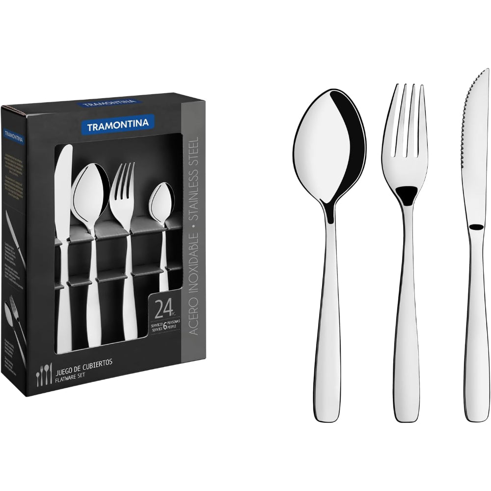 Tramontina Brazil Amazona 24 Pieces Stainless Steel Flatware Set with Steak Knife and High Gloss Finish