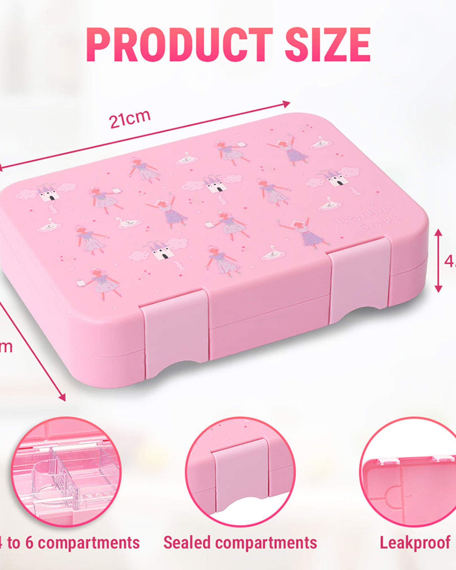 صندوق غداء من لحاء الخيزران بطبعة قلعة راقصة باليه وردية اللون