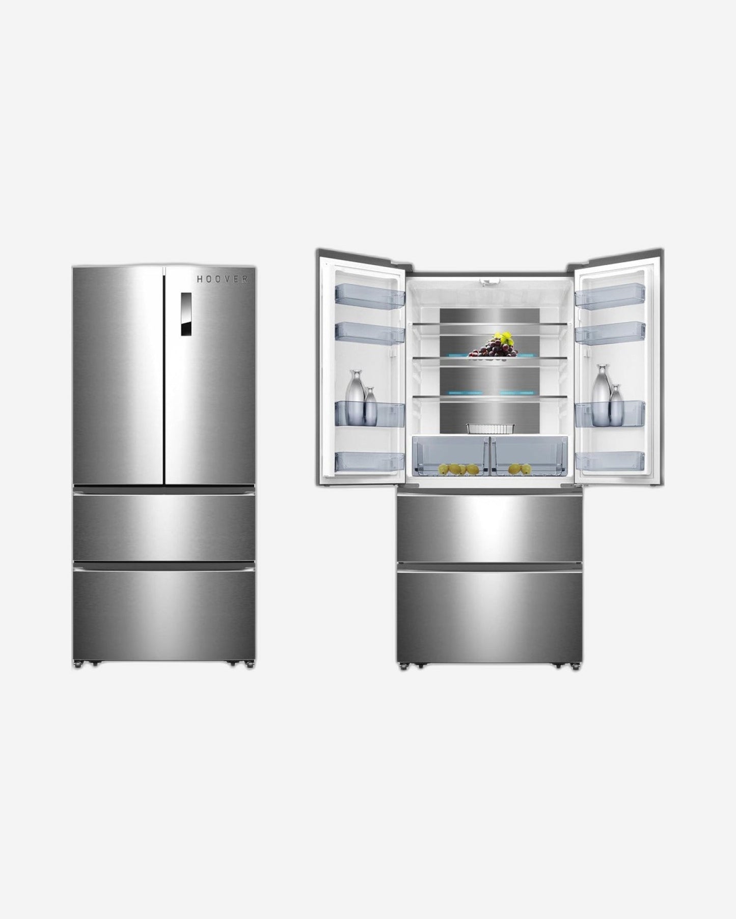 ثلاجة هوفر 670 لترًا بباب فرنسي، ضاغط عاكس، شاشة LED مع تحكم باللمس، درجان معدنيان منزلقان، ضمان 10 سنوات، لون فضي - HFD-K670-S