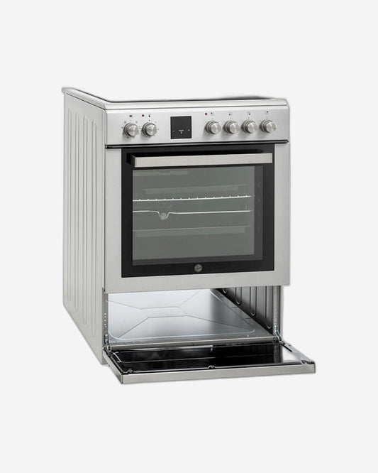 طباخ هوفر الكهربائي/السيراميكي القائم بذاته، 60×60 سم، فرن كهربائي سعة 65 لتر، باب زجاجي مزدوج، مع قفل أمان للأطفال، صنع في تركيا، ضمان لمدة عام، مطلي بالفولاذ المقاوم للصدأ - HVC-V64E-SP