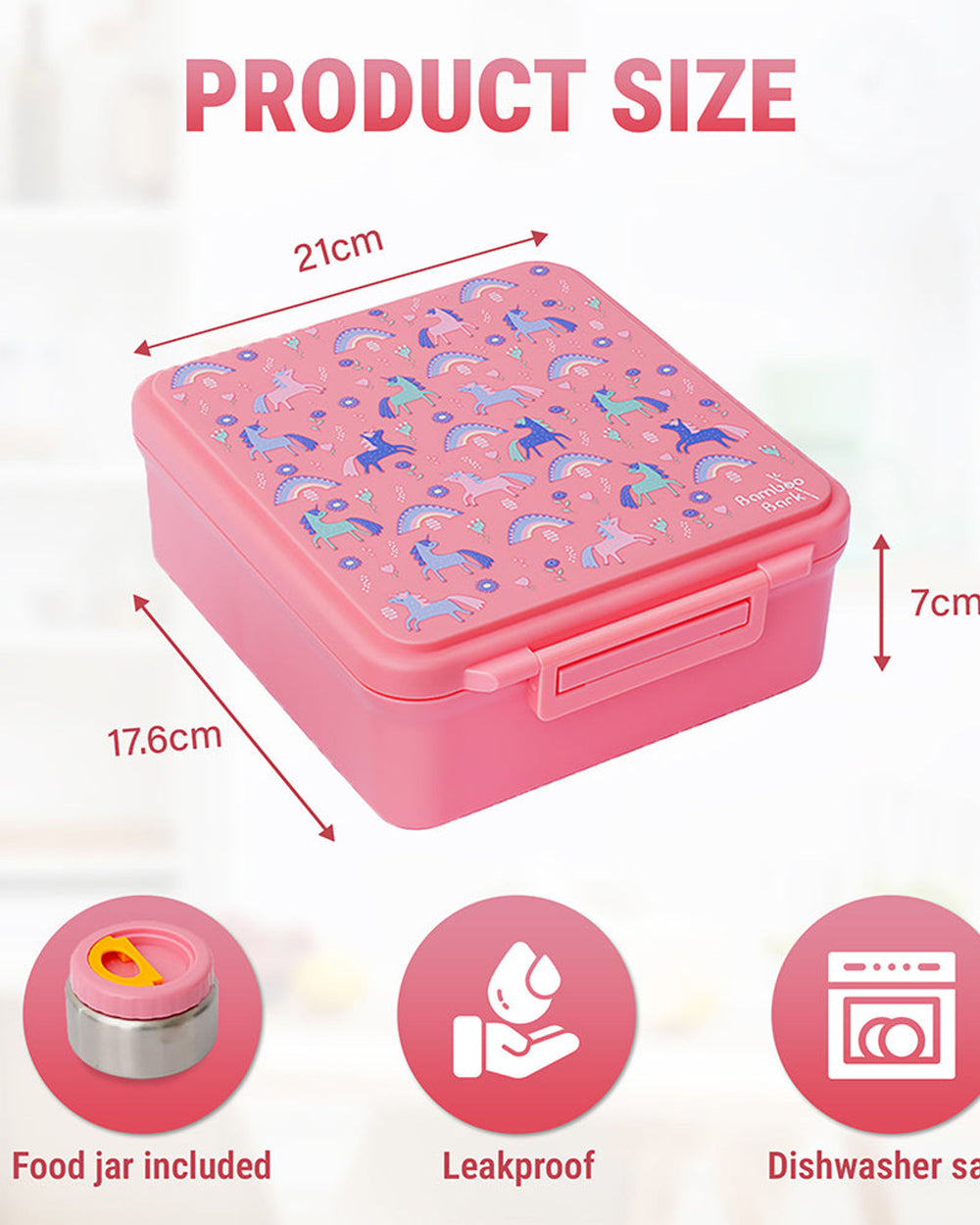 صندوق غداء من لحاء الخيزران، وردي، كبير، مطبوع عليه وحيد القرن