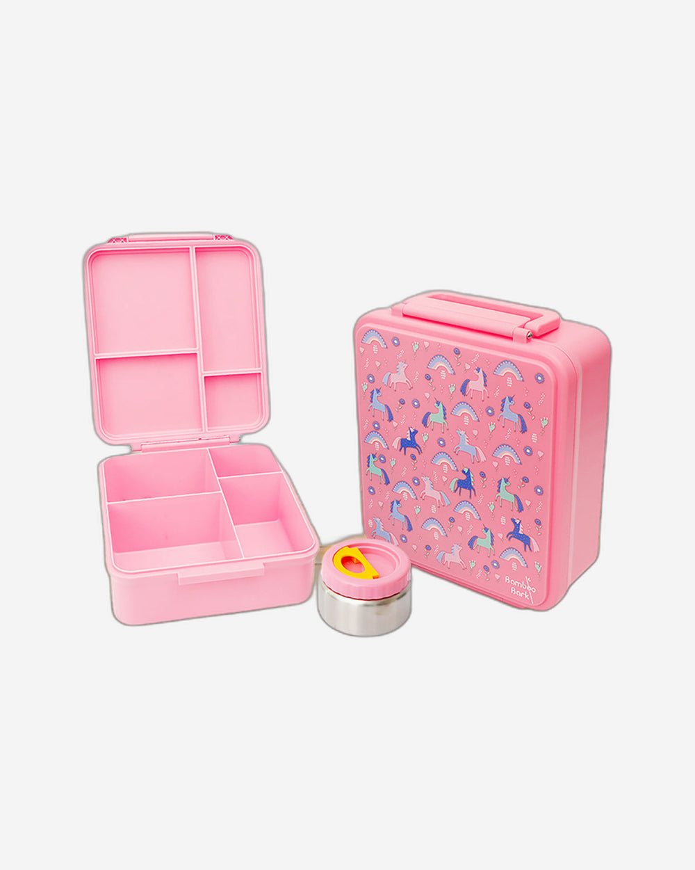 صندوق غداء من لحاء الخيزران، وردي، كبير، مطبوع عليه وحيد القرن