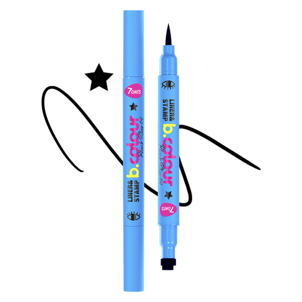 قلم تحديد عيون مزدوج الطرف من 7DAYS CUTE بختم نجمة - قلم تحديد عيون سائل أسود مقاوم للماء