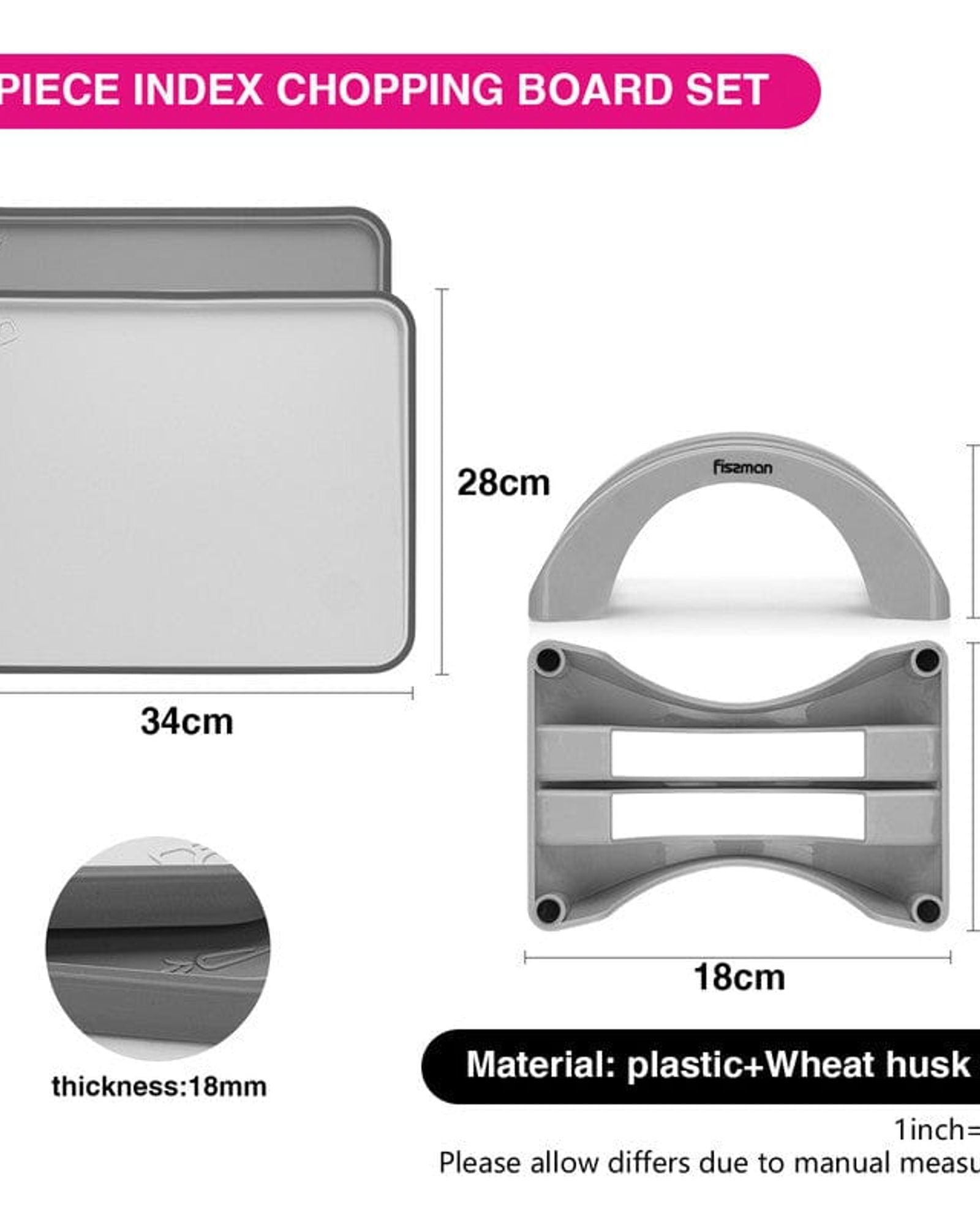 ألواح تقطيع فيسمان مكونة من قطعتين مقاس 34×28 سم مع حامل بلاستيك رمادي + TPR