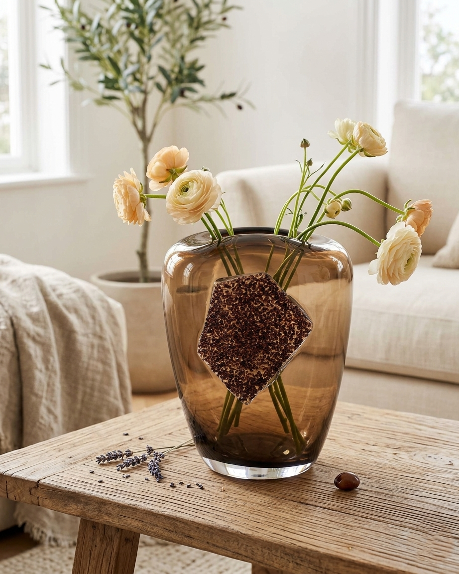 Dalian Glory Brown Vase With Glass Block -S