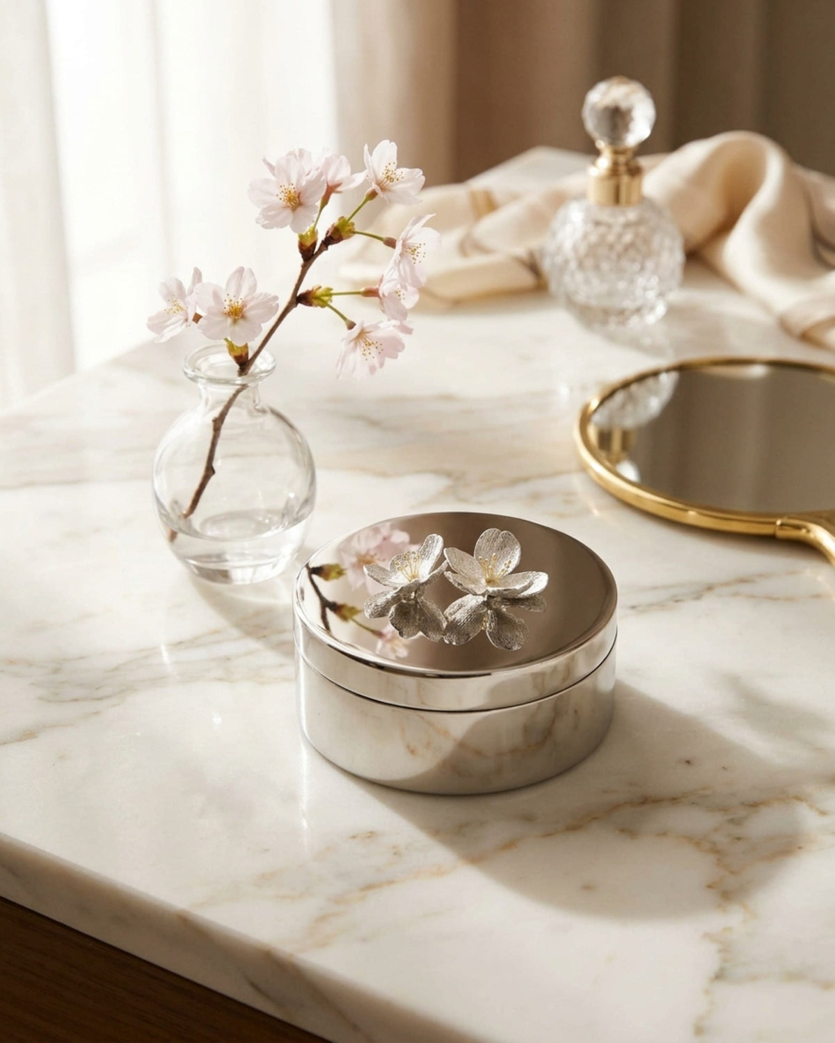Winko Trinket Box W/ Silver Plum Blossom Deco