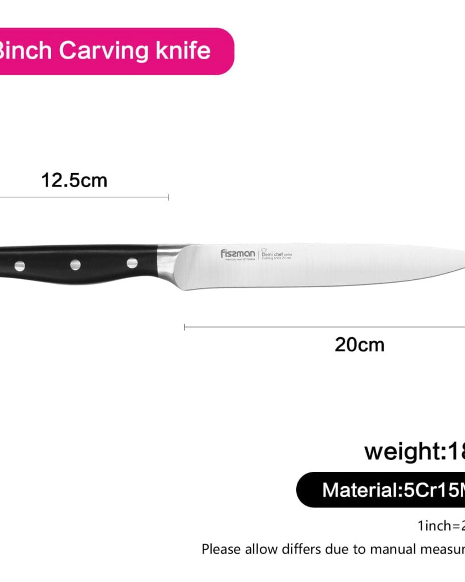 سكين تقطيع فيسمان من الفولاذ المقاوم للصدأ مع طلاء غير لاصق أسود/فضي 8 بوصة