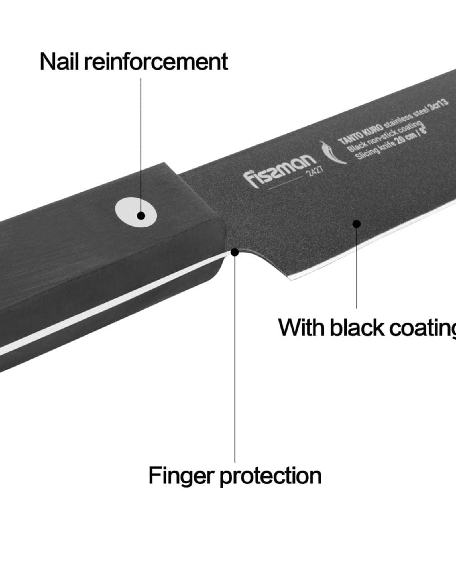 سكين تقطيع فيسمان من الفولاذ المقاوم للصدأ مع طلاء غير لاصق أسود/فضي 8 بوصة