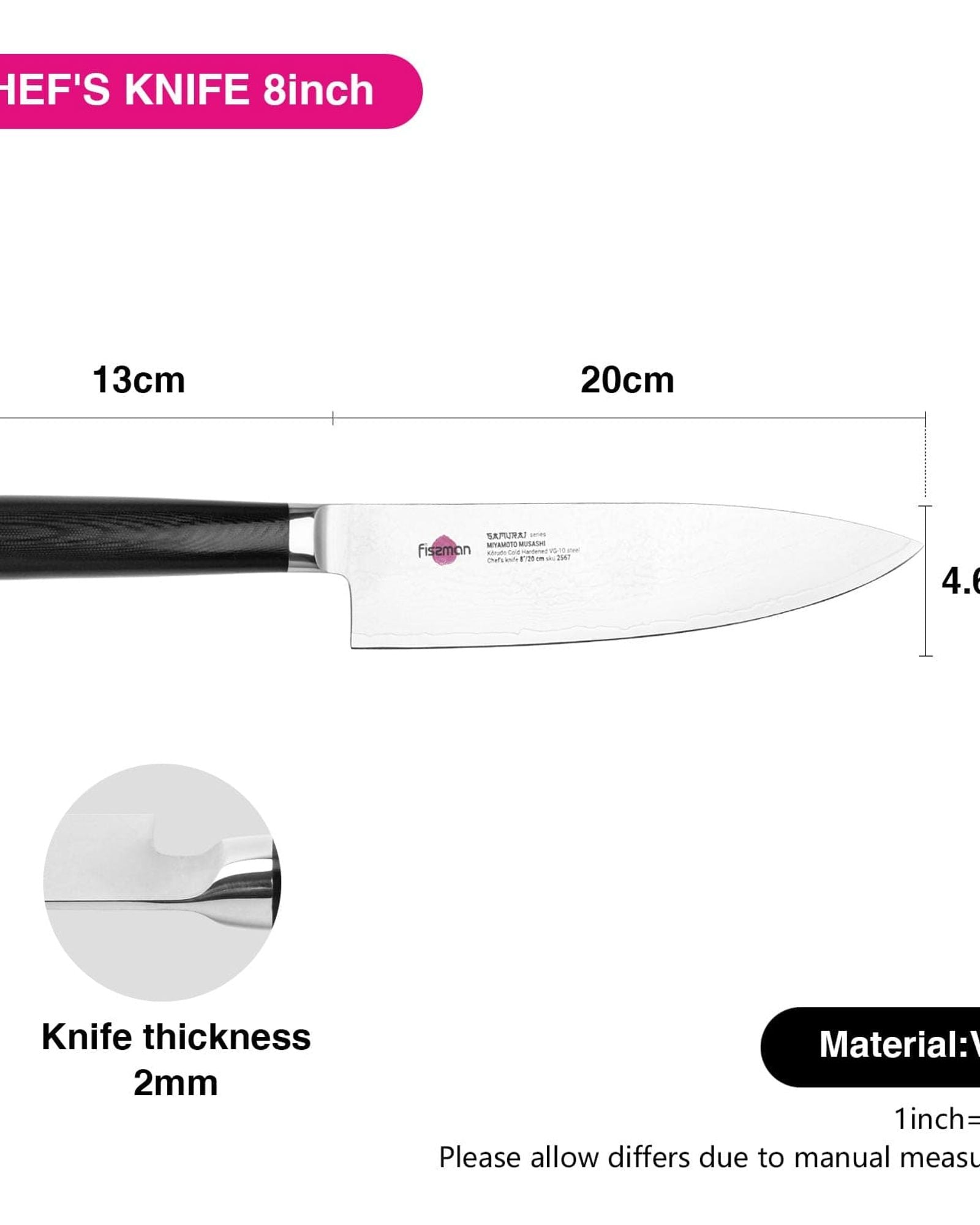 سكين الطاهي فيسمان ساموراي موساشي 8 بوصات 20 سم (فولاذ دمشقي)