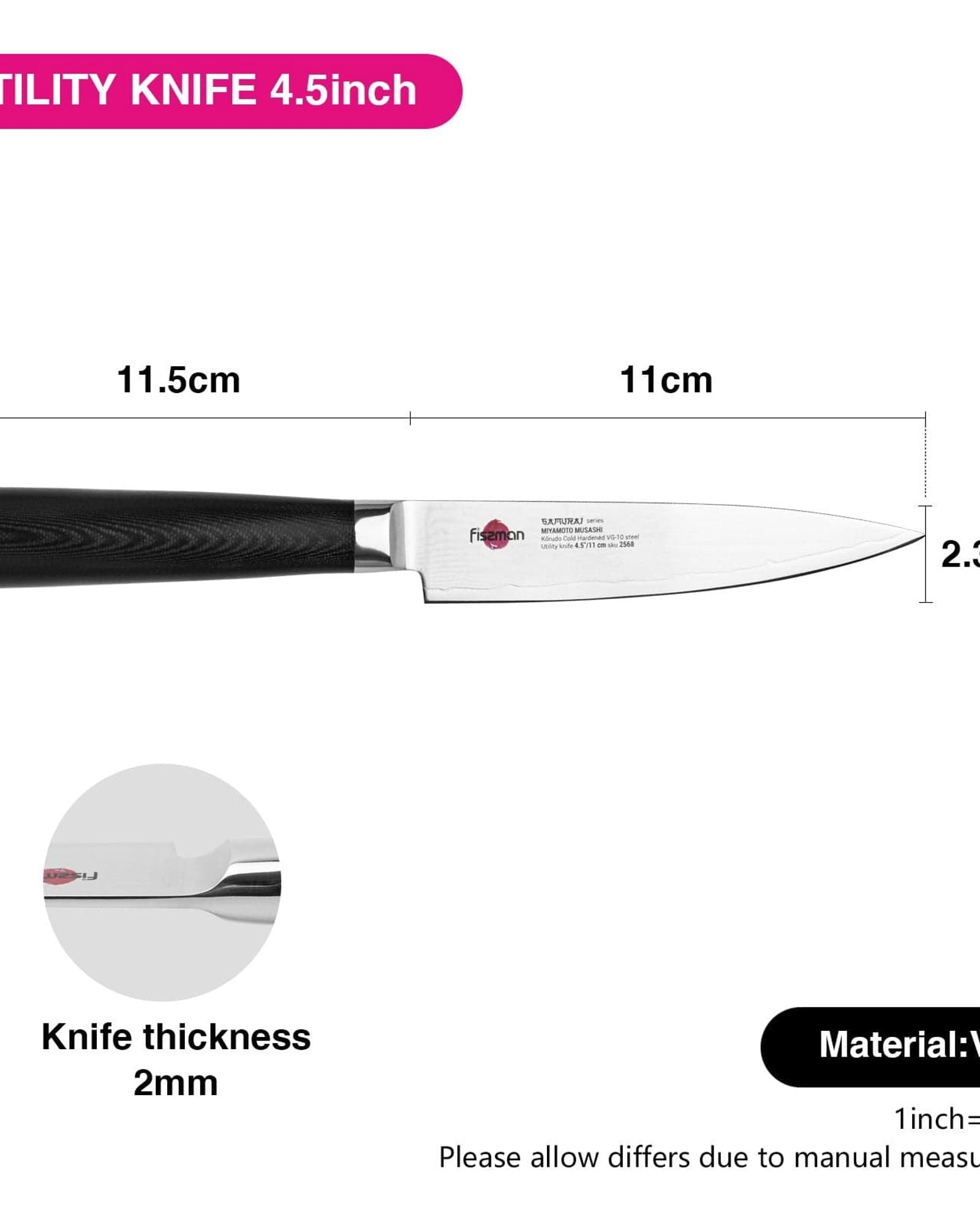 سكين فيسمان متعدد الاستخدامات، ساموراي موساشي، 11 سم (فولاذ دمشقي)