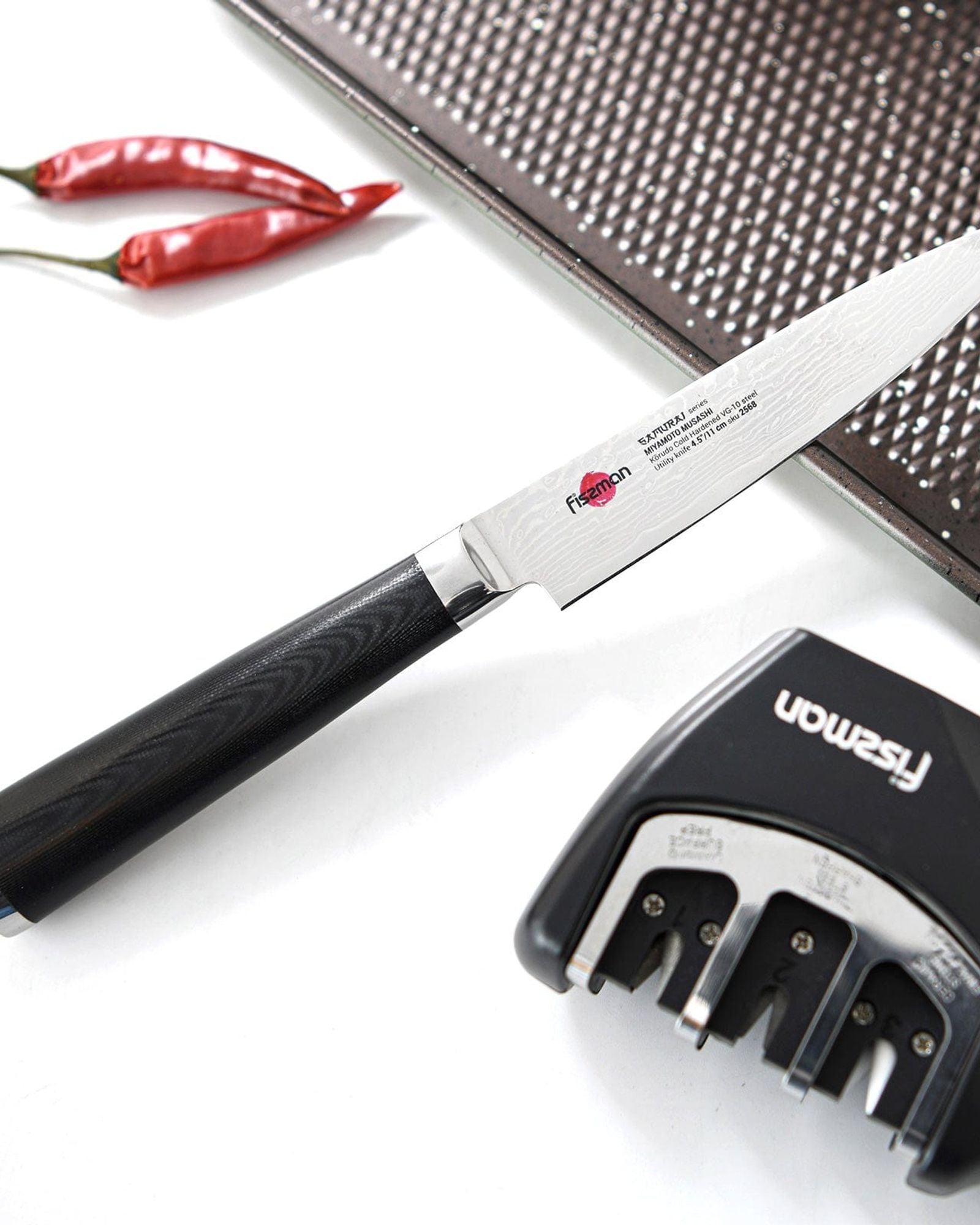 سكين فيسمان متعدد الاستخدامات، ساموراي موساشي، 11 سم (فولاذ دمشقي)