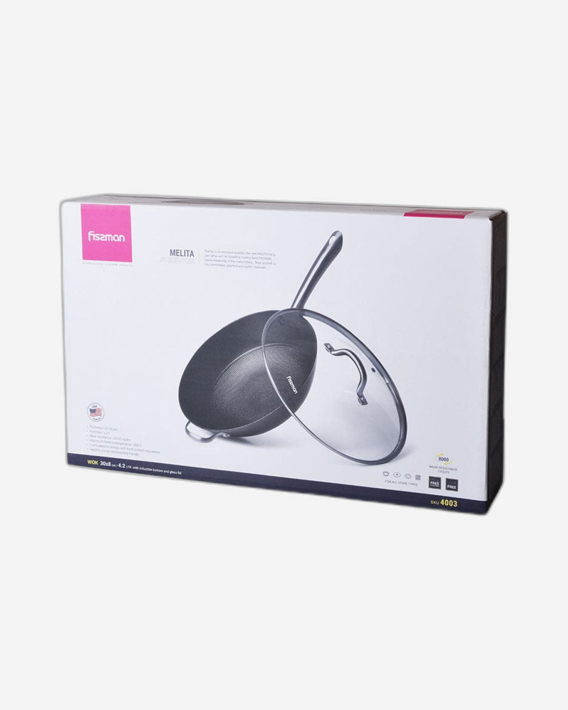 مقلاة ووك ميليتا من فيسمان مع غطاء زجاجي 30×8 سم/4.2 لتر، أسود/فضي/شفاف