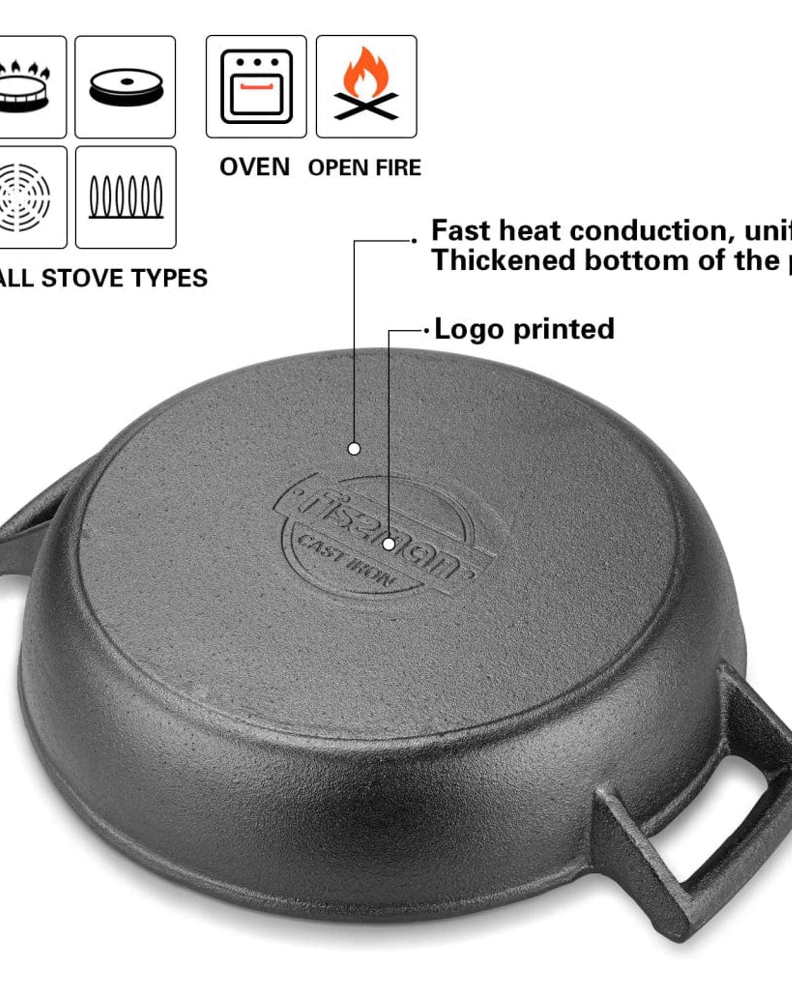 طاجن فيسمان الضحل المصنوع من الحديد الزهر باللون الأسود مقاس 30 سم