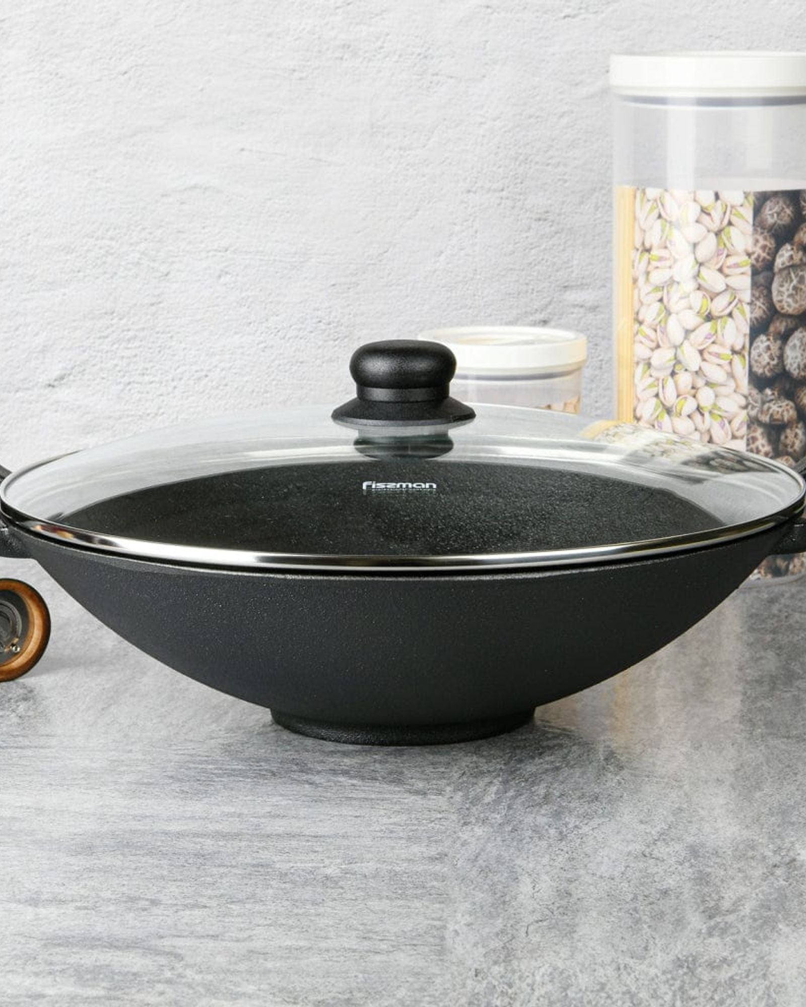 مقلاة ووك فيسمان بغطاء زجاجي من الحديد الزهر، 35×10.4 سم/4.85 لتر، أسود/شفاف