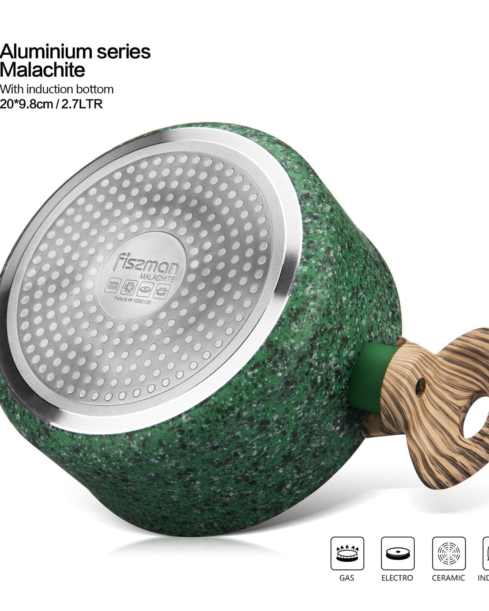 قدر فيسمان مع غطاء زجاجي وسلسلة مالاكيت وطبقة ألومنيوم غير لاصقة وقاعدة حثية من إيكستون، أخضر/بني/شفاف، 20×9.8 سم/2.7 لتر