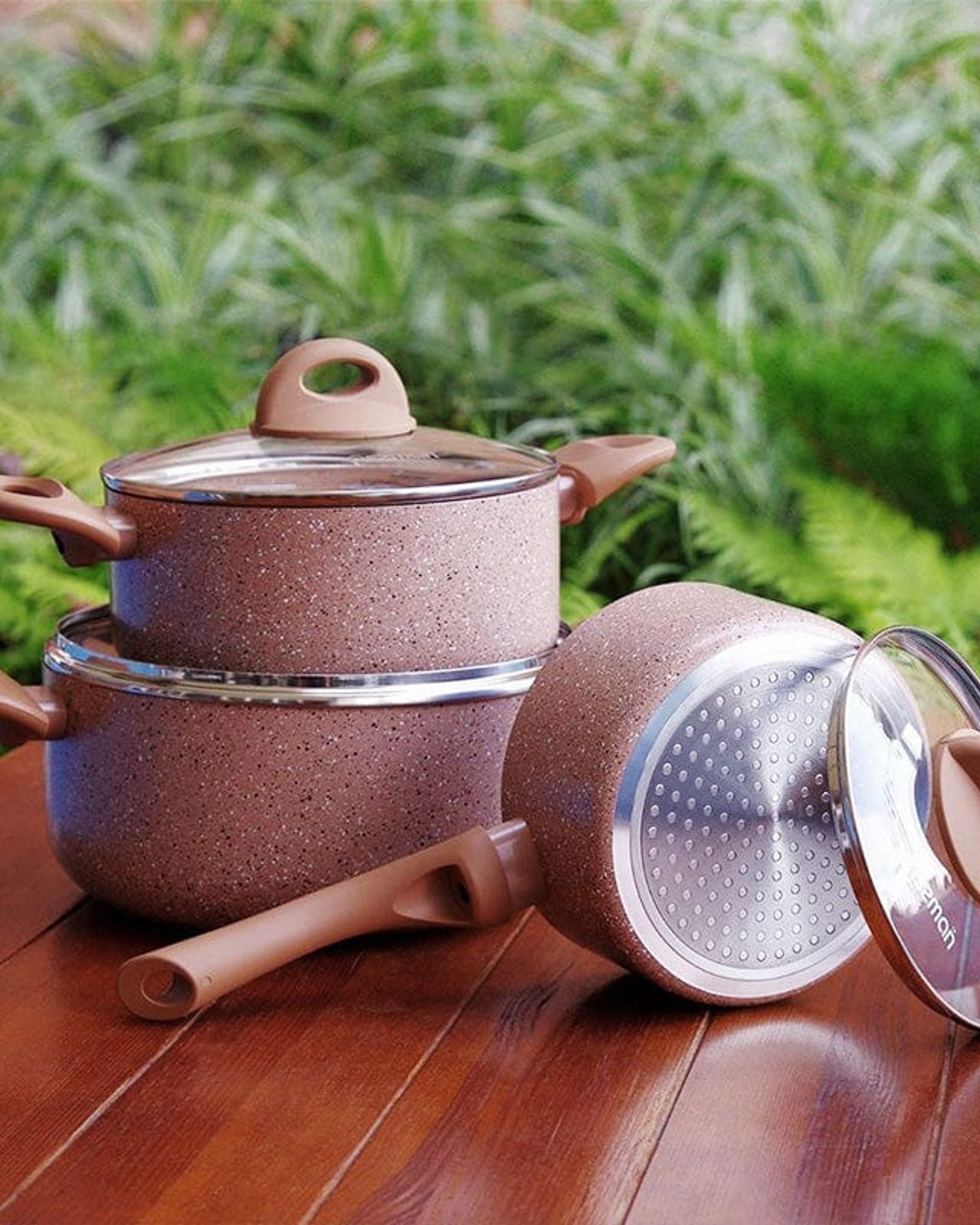 طقم أواني طهي فيسمان، 6 قطع، بغطاء زجاجي، وطبقة ألومنيوم غير لاصقة، وقاعدة حثية، وقدر لاتيه (سلسلة لاتيه)، 16×8 سم/1.5 لتر، طاجن (20×9 سم/2.8 لتر)، 24×11 سم، بيج (4.9 لتر).