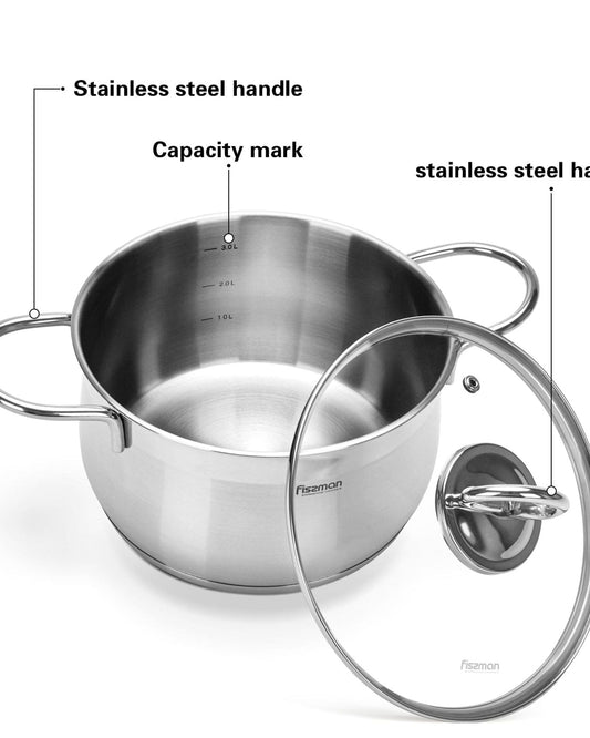 قدر فيسمان مونيكا سيريز 18/10 مصنوع من الفولاذ المقاوم للصدأ 304 مع غطاء زجاجي شفاف، 13.5×2.4 سم/6.1 لتر، فضي