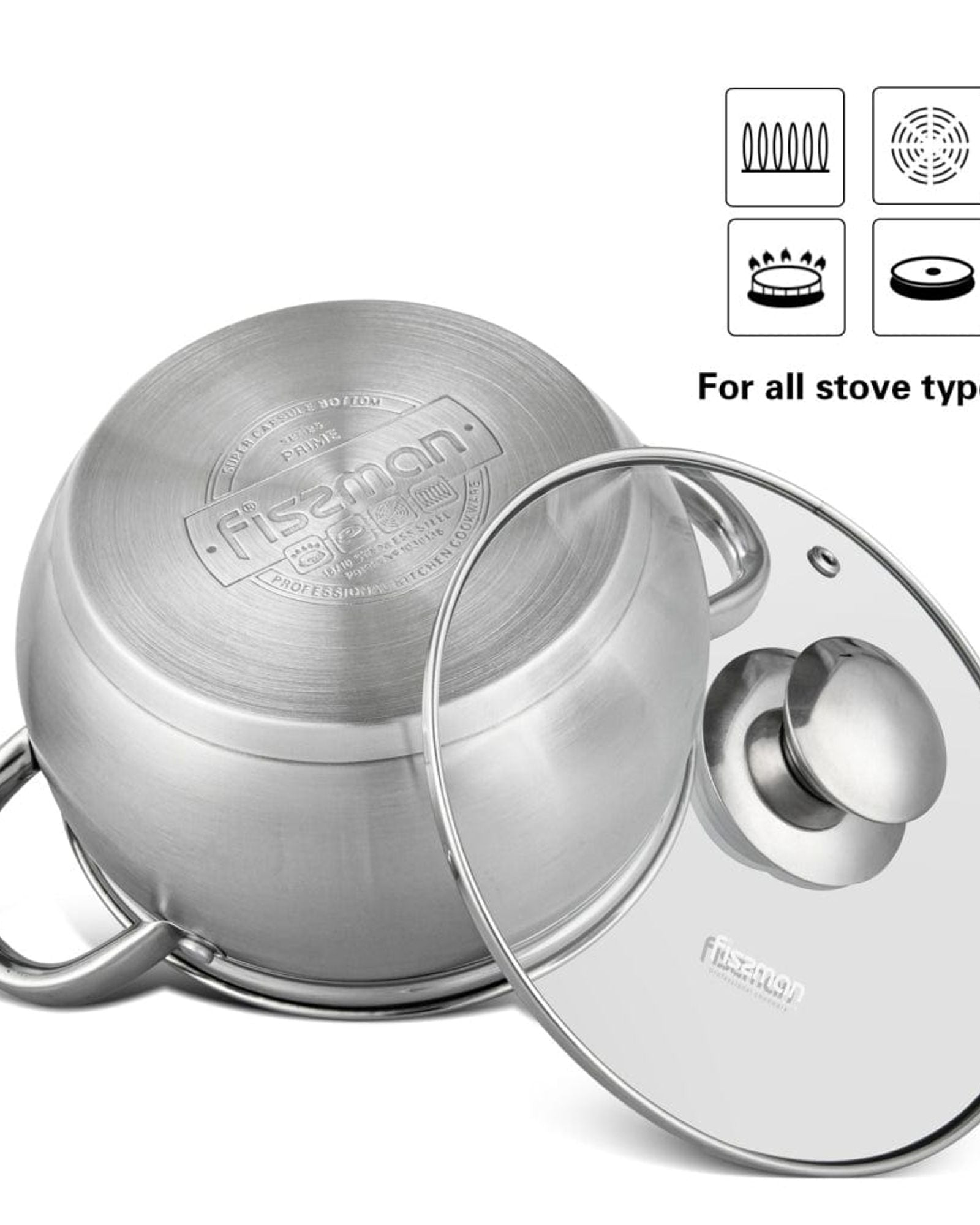 قدر فيسمان مع غطاء زجاجي من سلسلة برايم من الفولاذ المقاوم للصدأ وقاعدة حثية فضية 16 × 9.5 سم / 1.9 لتر