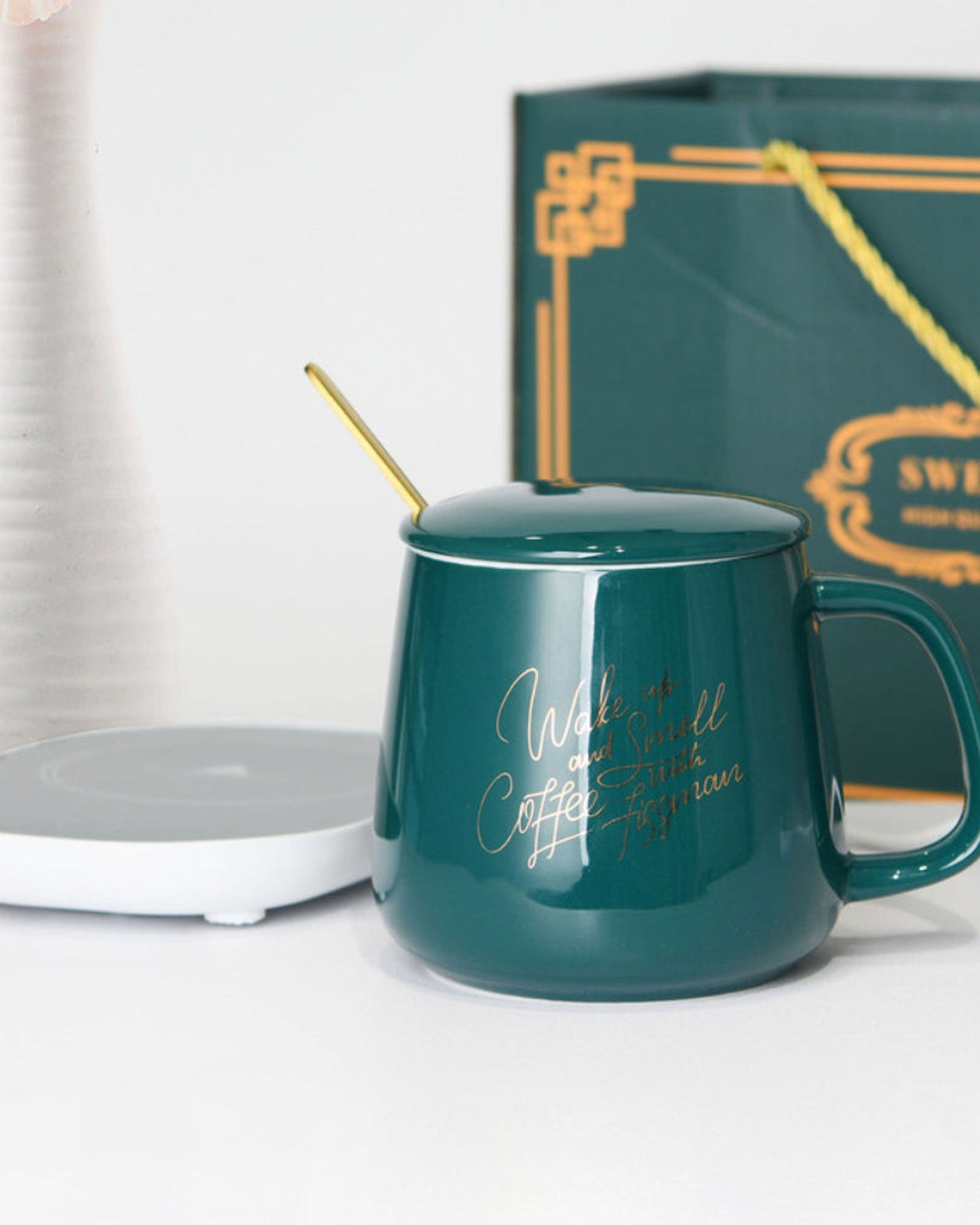 كوب سيراميك فيسمان مع سخان وملعقة، لون أخضر، 400 مل