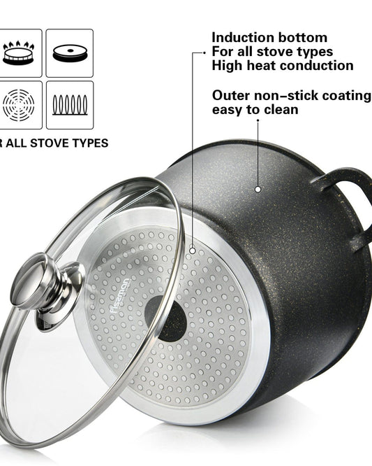 قدر فيسمان مع غطاء زجاجي من سلسلة إيما من الألومنيوم مع طلاء غير لاصق وقاعدة حثية 24 × 17 سم / 6.3 لتر