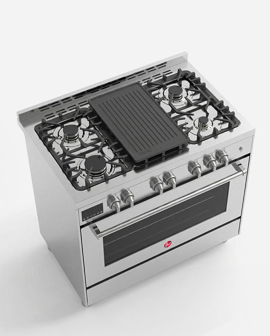 طباخ غاز كامل من هوفر 90×60 مع 5 شعلات غاز (1 ووك)، أمان كامل، فرن غاز وشواية، إشعال ذاتي، دعامة من الحديد الزهر، مروحة تبريد وحمل حراري، باب زجاجي ثلاثي الطبقات، ستانلس ستيل - HGC-G95G-PS