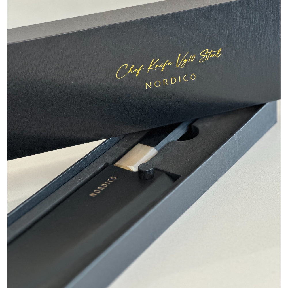 سكين الطاهي Nordico VG-10، مقاس 8 بوصات، ياباني، مع غمد خشبي - هدايا