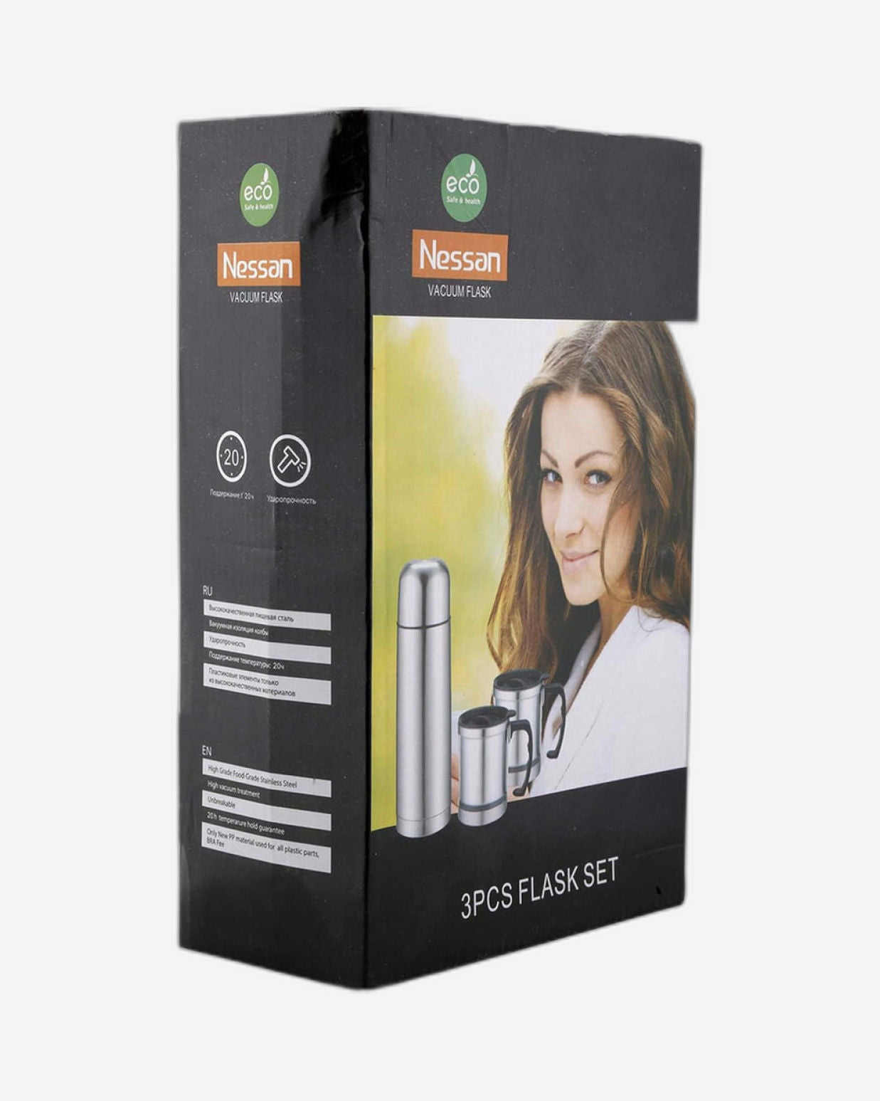 قارورة نيسان من الفولاذ المقاوم للصدأ مع كوب، فضي، سعة لتر واحد | تتضمن قارورة سعة لتر واحد وكوبين (سعة كل منهما ٣٥٠ مل)