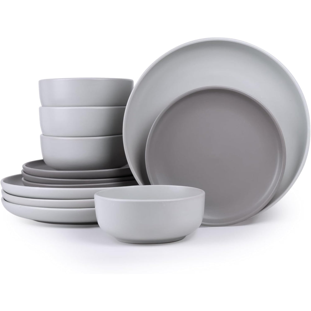 Shallow Nordic Stoneware Dinner Set, 12 Pieces, Multicolor