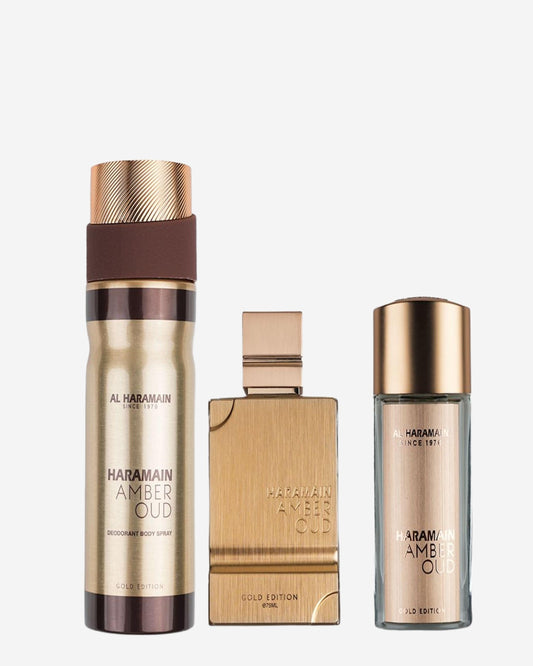 طقم هدايا عطر أمبر عود جولد إيديشن من الحرمين (او دو بارفان 75 مل + او دو بارفان 30 مل + مزيل عرق 200 مل)