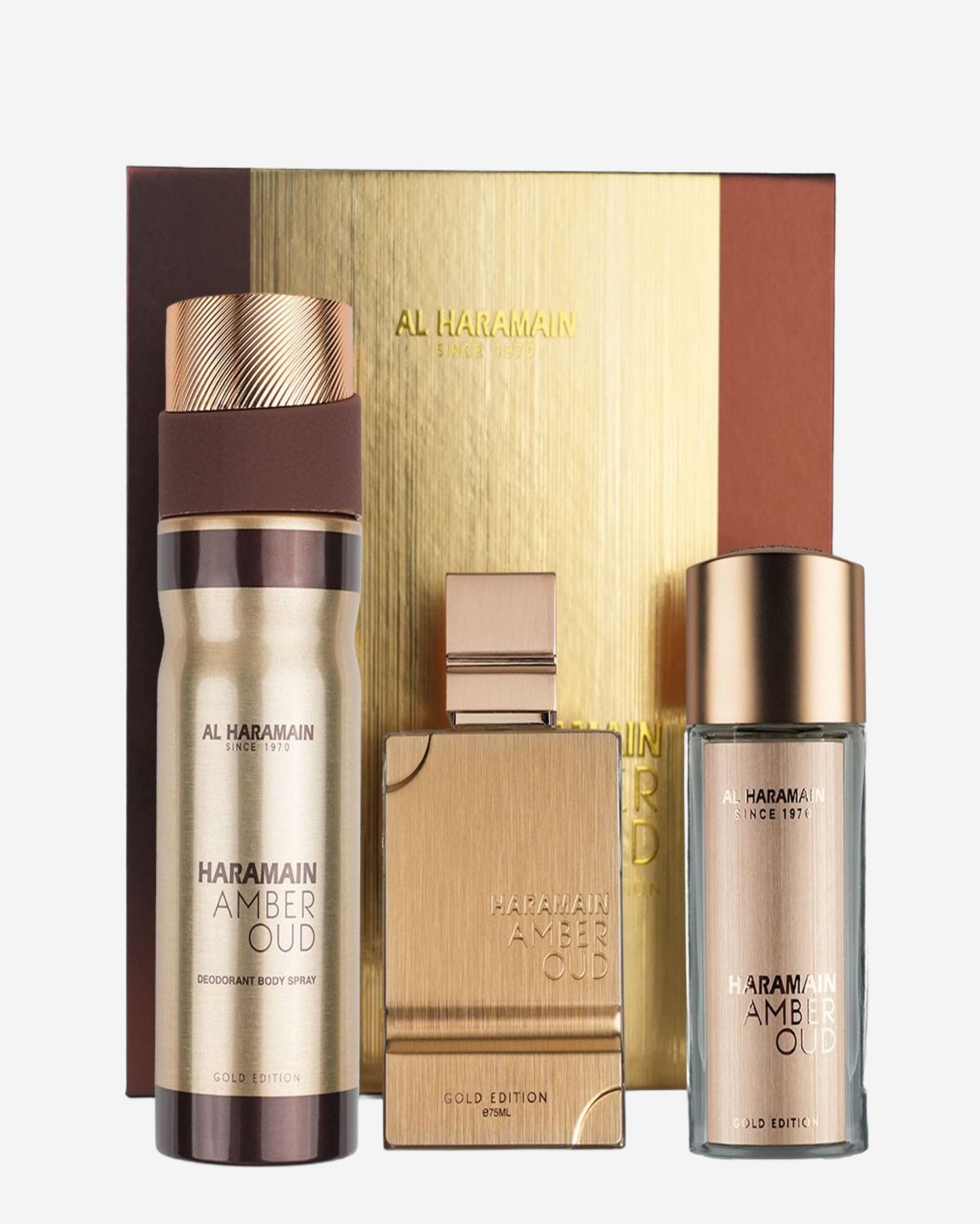 طقم هدايا عطر أمبر عود جولد إيديشن من الحرمين (او دو بارفان 75 مل + او دو بارفان 30 مل + مزيل عرق 200 مل)