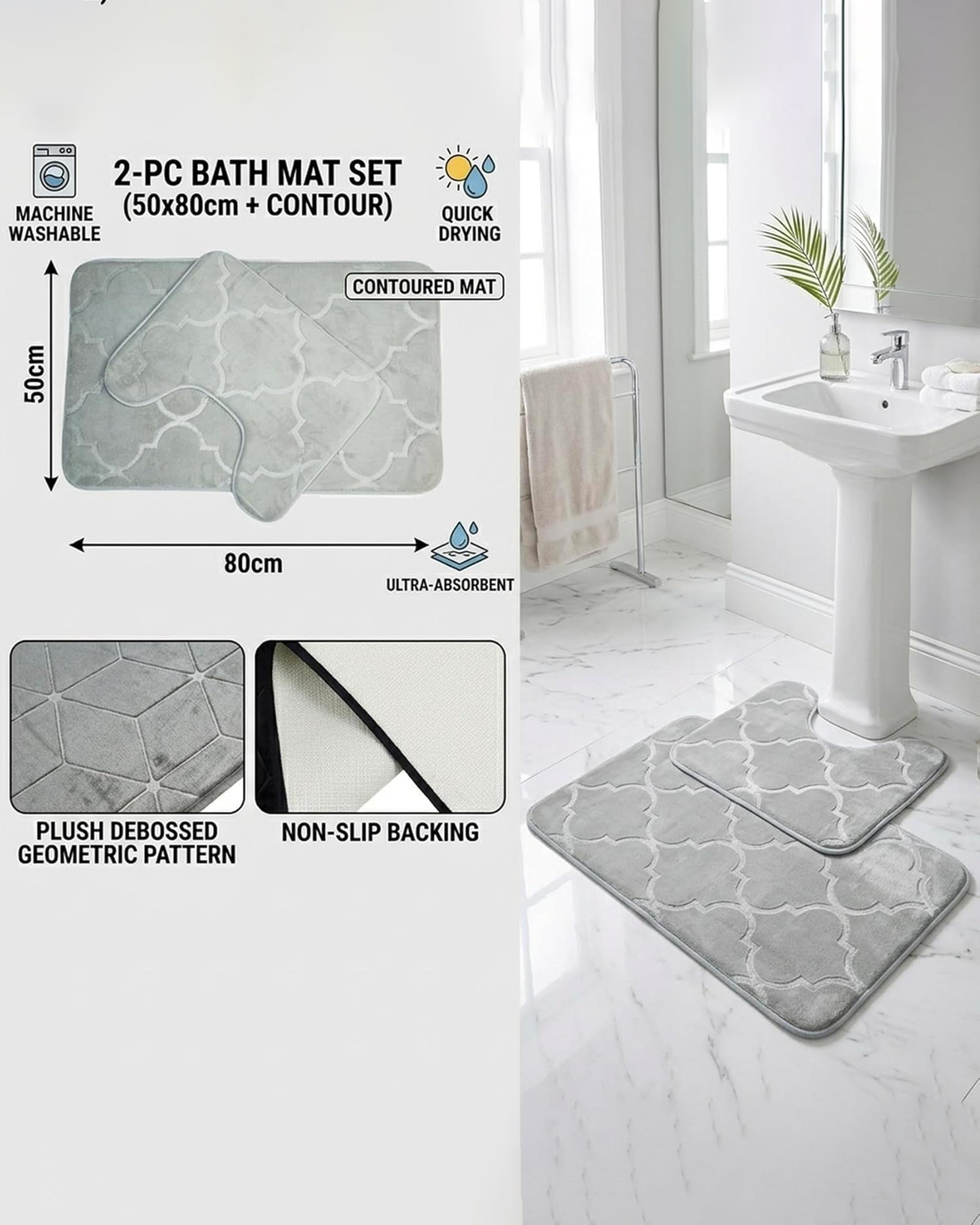 Cuisine Art Memory Foam Bathroom Mat Set (2 Pcs) Grey