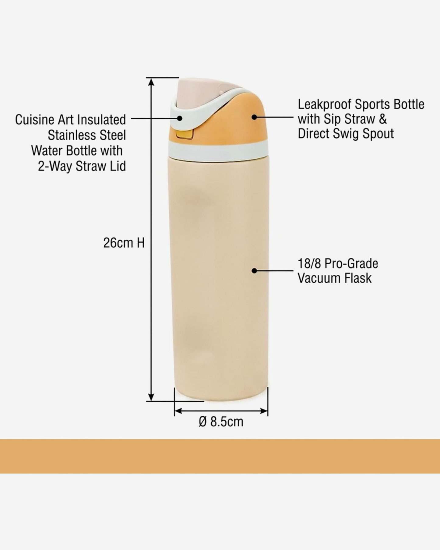Cuisine Art Stainless Steel Water Bottle 560 ml Beige