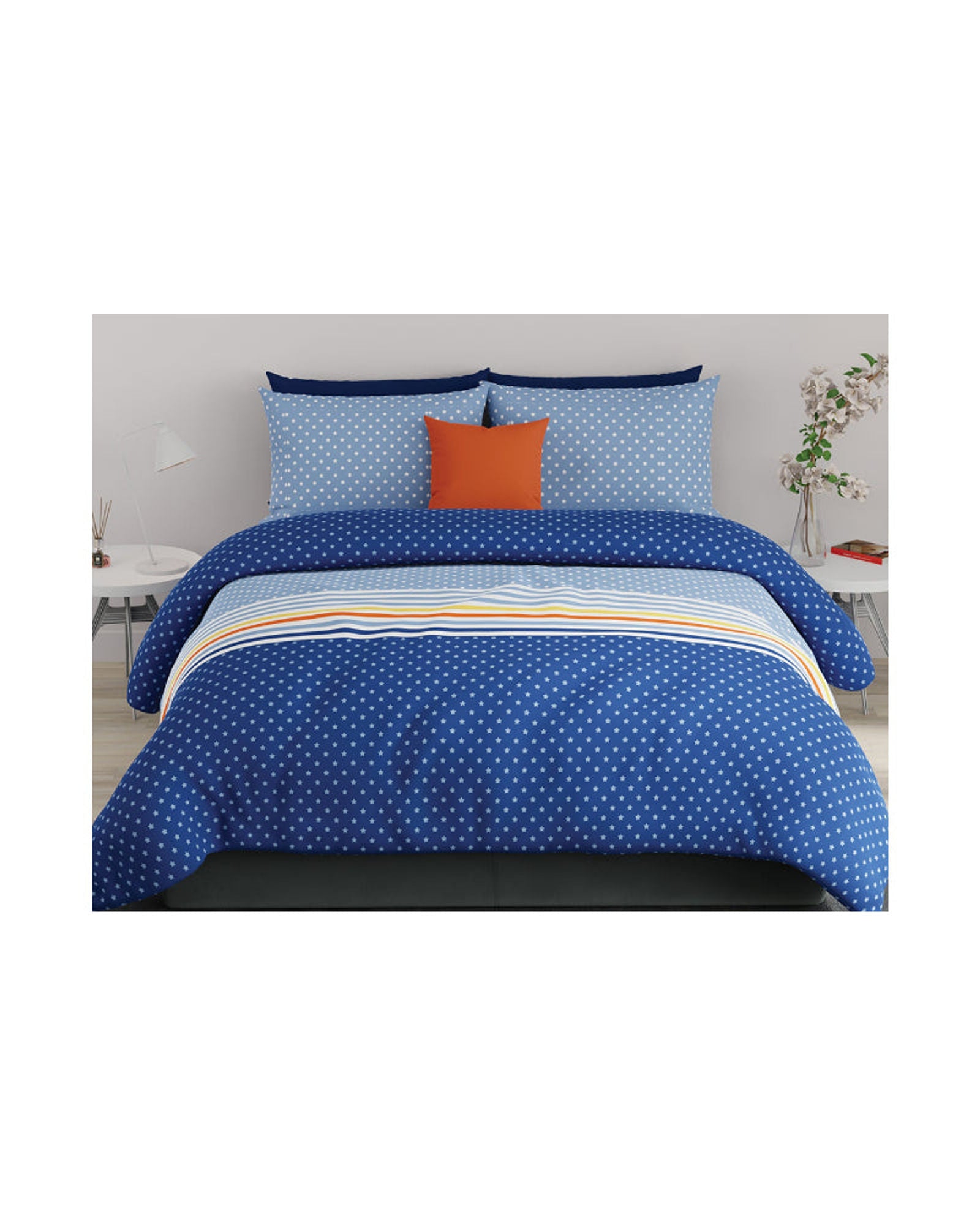 ملاءة سرير سوبر كينج من يونايتد كولورز أوف بينيتون رينبو 210 تي سي مع غطاءي وسادة باللون الأزرق