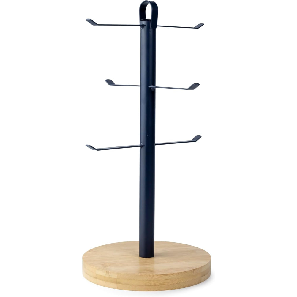 CUISINE ART DIVA Navy Blue Cup Holder, Coffee Tea Cups Mugs Holder with Wooden Base with Metal Hanging Loop, Countertop Mug Tree, 6 Hook Coffee Cup Dryer Stand Rack Kitchen Household Bar Accessories