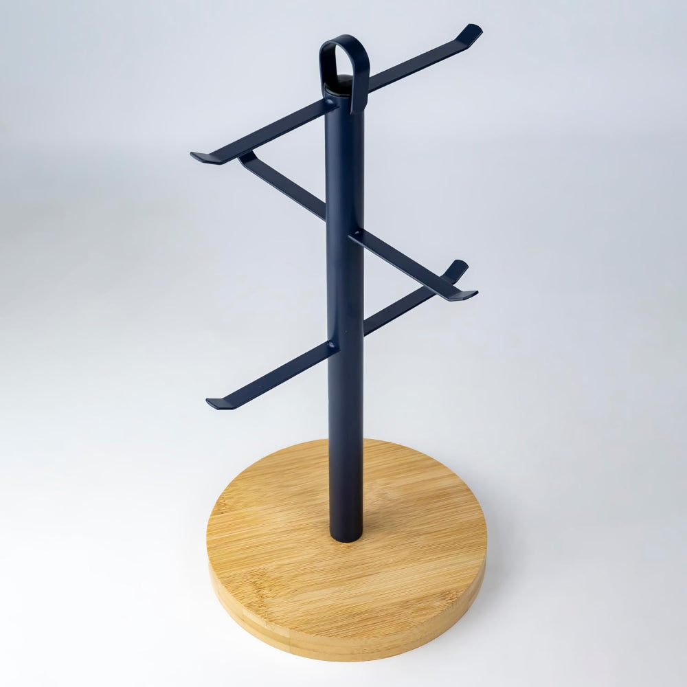 حامل أكواب CUISINE ART DIVA باللون الأزرق الداكن، حامل أكواب الشاي والقهوة بقاعدة خشبية مع حلقة تعليق معدنية، شجرة أكواب على سطح الطاولة، حامل مجفف أكواب القهوة بستة خطافات، ملحقات المطبخ المنزلية والبار