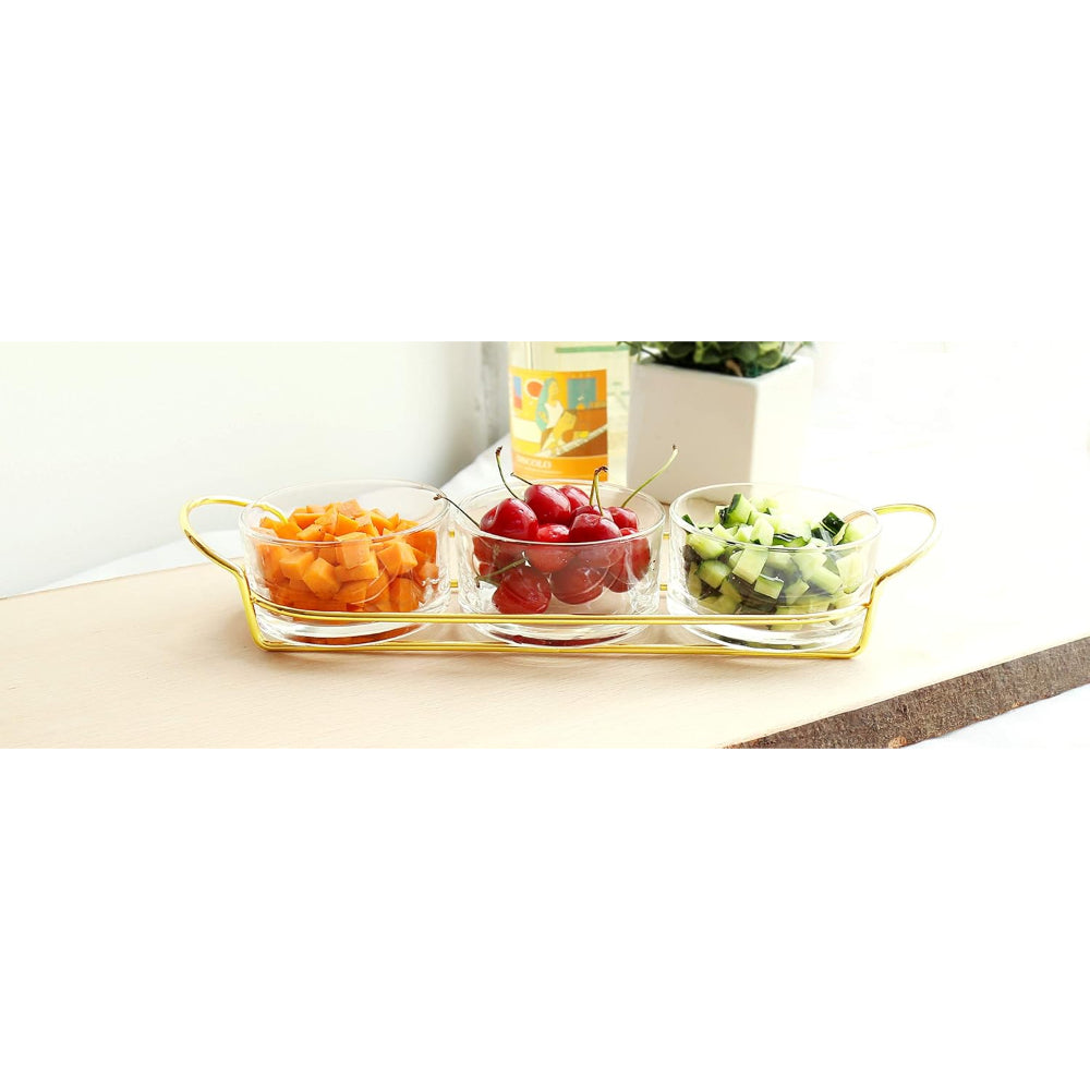 طقم حلوى زجاجي ذهبي من كويزين آرت مع حامل معدني أنيق - طقم حلوى للحفلات مكون من 4 قطع