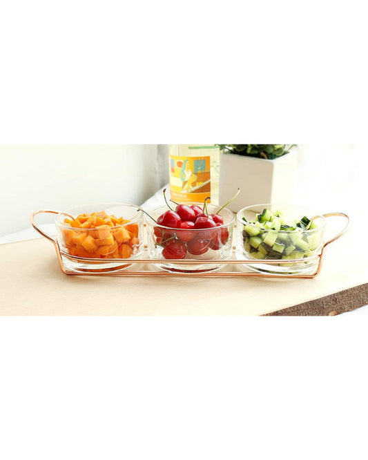 طقم حلويات زجاجي ذهبي وردي من كويزين آرت مع حامل معدني أنيق - طقم حلويات للحفلات مكون من 4 قطع