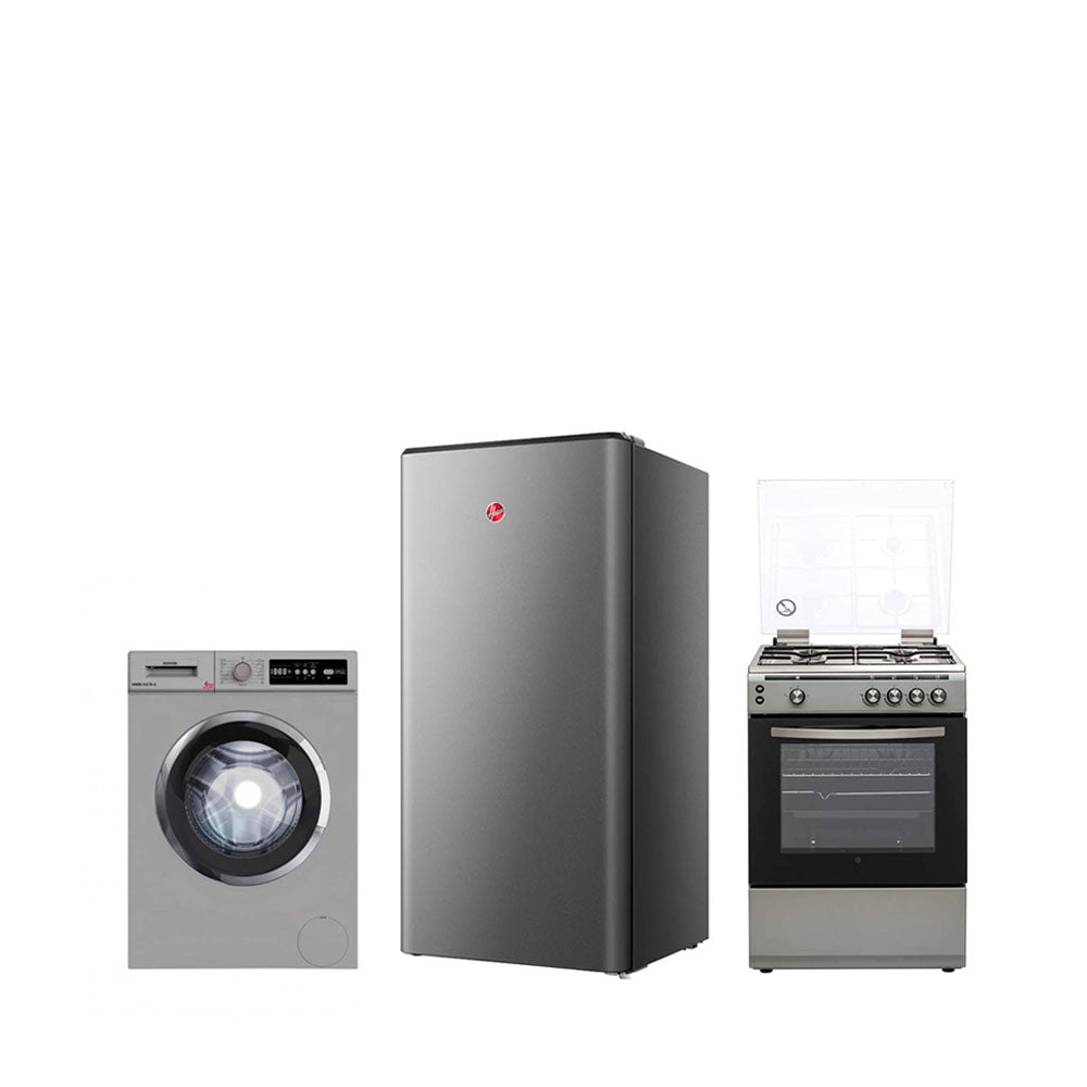 Hoover Single Door Refrigerator 200L + Full Gas Cooker 60X60 + Washing Machine 6kg