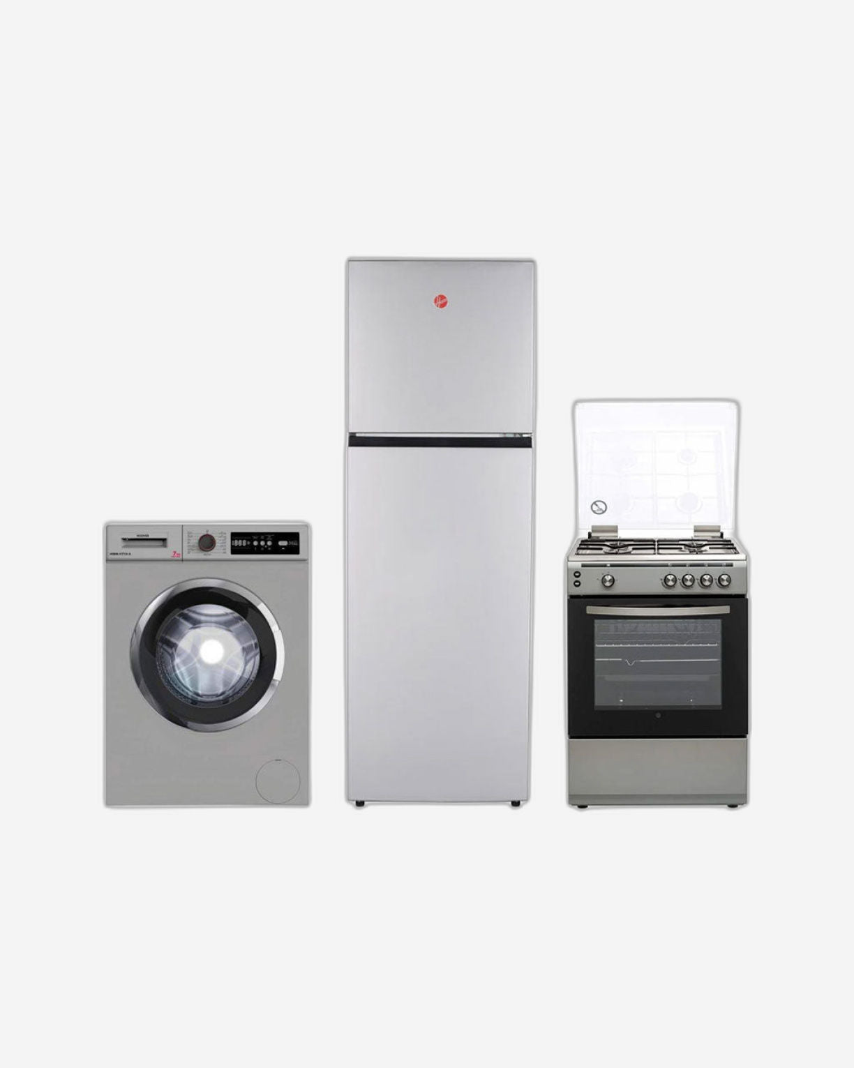 ثلاجة هوفر سعة 300 لتر بفرامل علوية + موقد غاز 60x60 + غسالة ملابس سعة 7 كجم