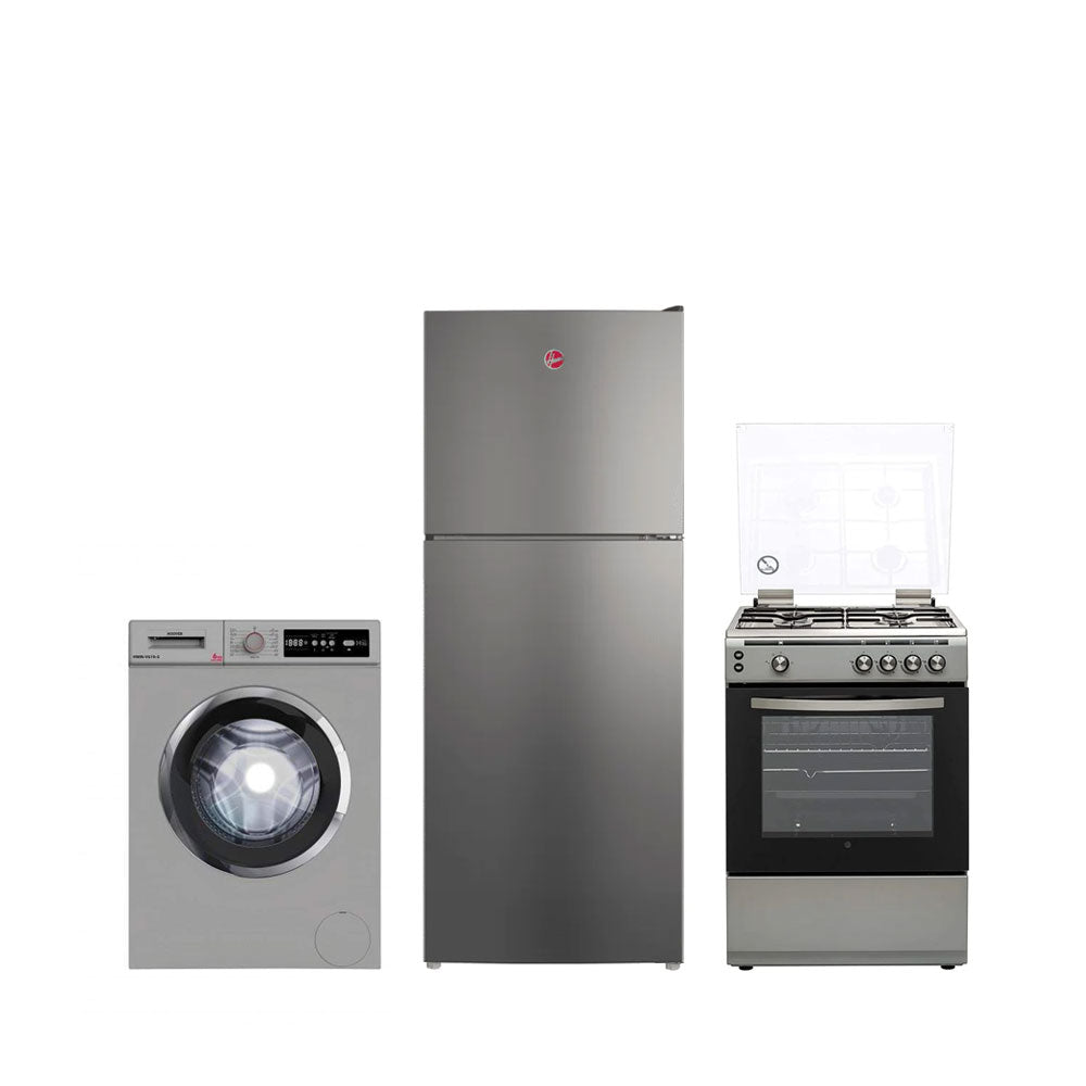 ثلاجة هوفر ذات باب علوي سعة ٢٦٠ لترًا + موقد غاز ٦٠×٦٠ سم + غسالة ملابس سعة ٦ كجم