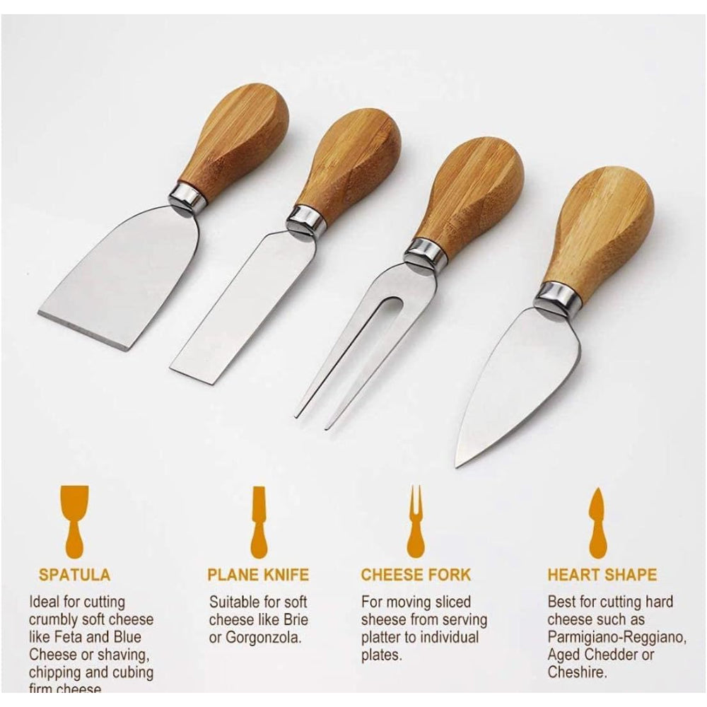 مجموعة هدايا لوح تقطيع الجبن العضوي المصنوع من الخيزران مع سكين من كويزين آرت، صينية تقديم خشبية لطبق اللحوم الباردة والفواكه والمقرمشات مع 4 سكاكين جبن